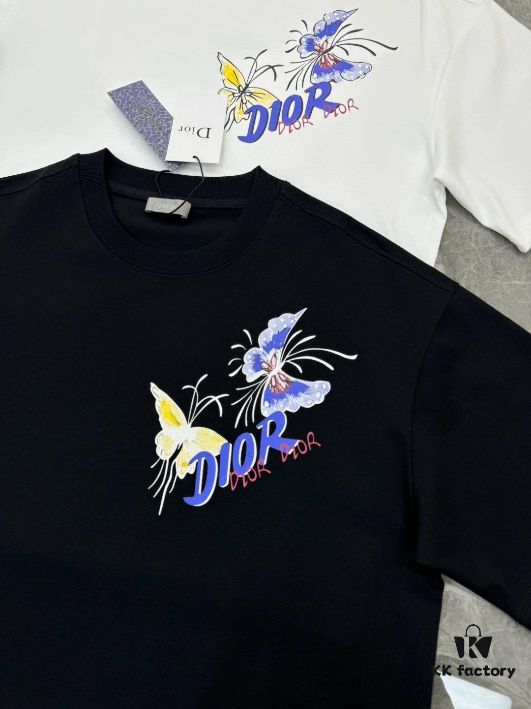 DIO*R DIOR 25s New Couple Round Neck T-Shirt with Fresh Butterfly Effect Print, 260g 100% Premium Cotton, Soft and Elastic Fabric, Crisp and Vivid Design, Comfortable, Breathable, Ideal for Daily Wear or Layering