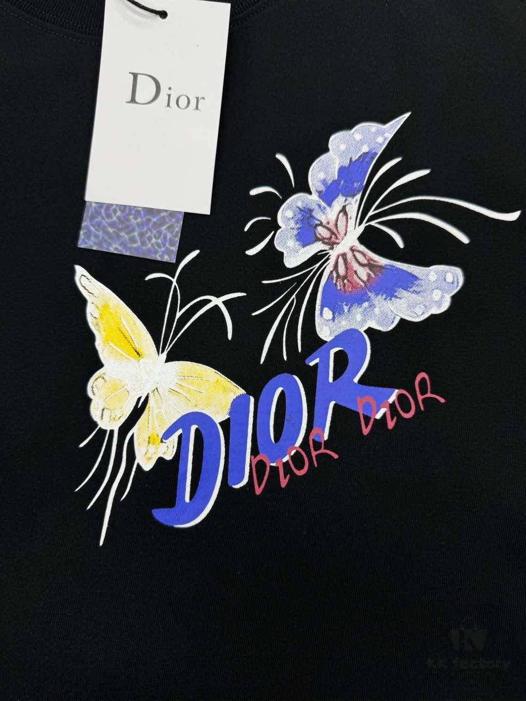 DIO*R DIOR 25s New Couple Round Neck T-Shirt with Fresh Butterfly Effect Print, 260g 100% Premium Cotton, Soft and Elastic Fabric, Crisp and Vivid Design, Comfortable, Breathable, Ideal for Daily Wear or Layering