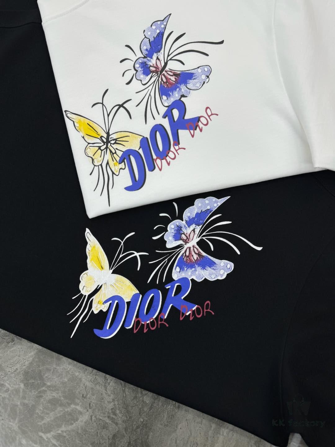 DIO*R DIOR 25s New Couple Round Neck T-Shirt with Fresh Butterfly Effect Print, 260g 100% Premium Cotton, Soft and Elastic Fabric, Crisp and Vivid Design, Comfortable, Breathable, Ideal for Daily Wear or Layering