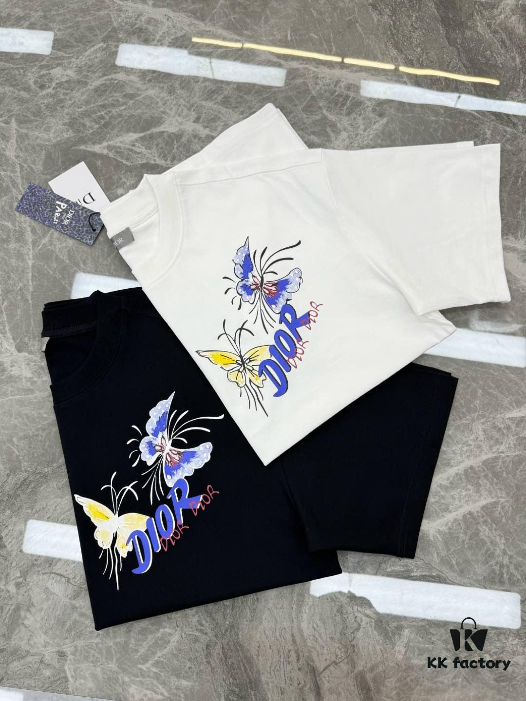 DIO*R DIOR 25s New Couple Round Neck T-Shirt with Fresh Butterfly Effect Print, 260g 100% Premium Cotton, Soft and Elastic Fabric, Crisp and Vivid Design, Comfortable, Breathable, Ideal for Daily Wear or Layering