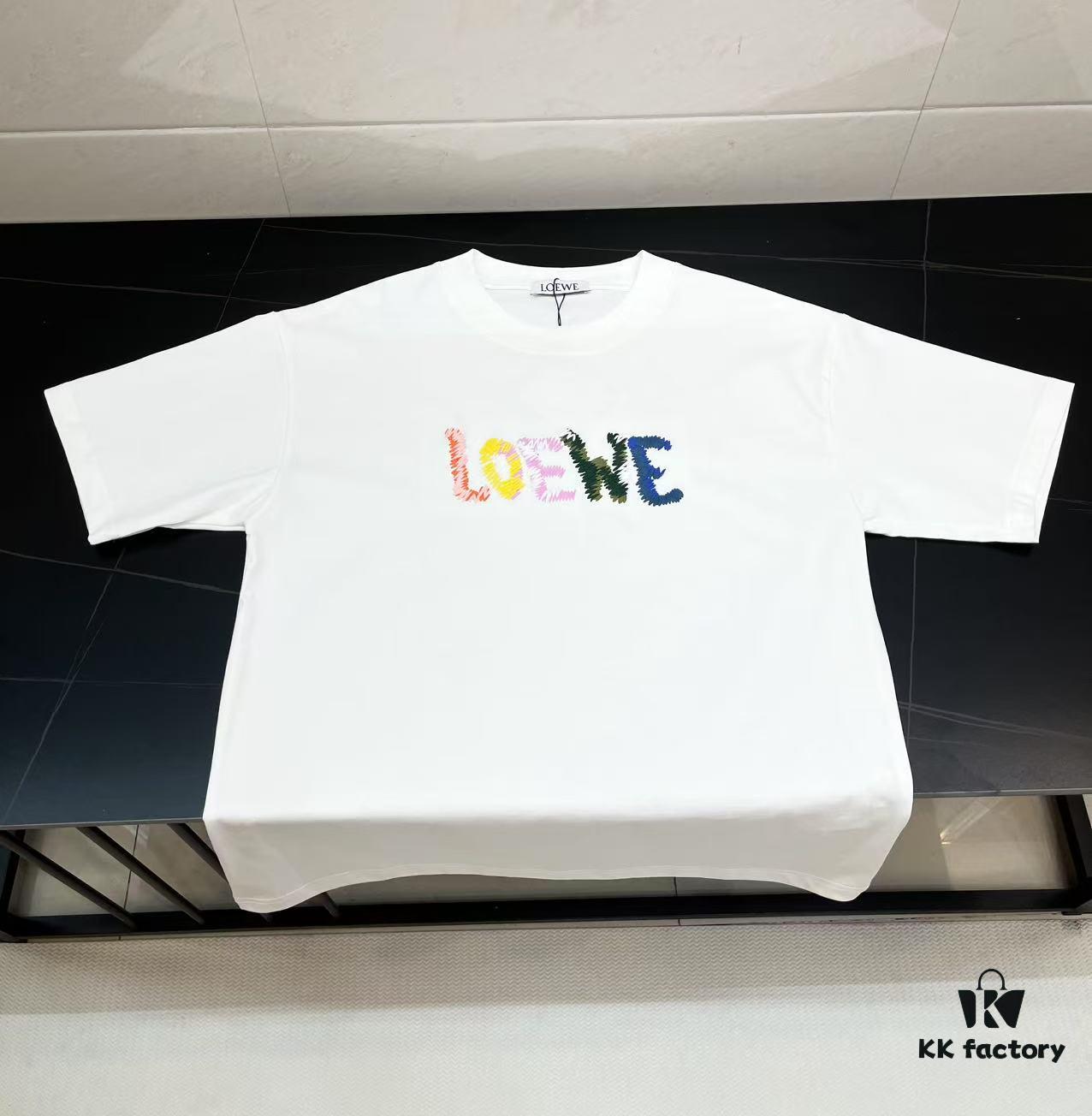 LOEWE New Arrival Towel Embroidery T-Shirt, High-Quality 280g Double-Yarn Cotton Fabric, Soft and Comfortable Wear, Heavyweight Smooth Cotton Washed Feel, Premium Front Letter Towel Embroidery with Special Craftsmanship, Custom Dyeing, Full Branding, Not Ordinary Market Version