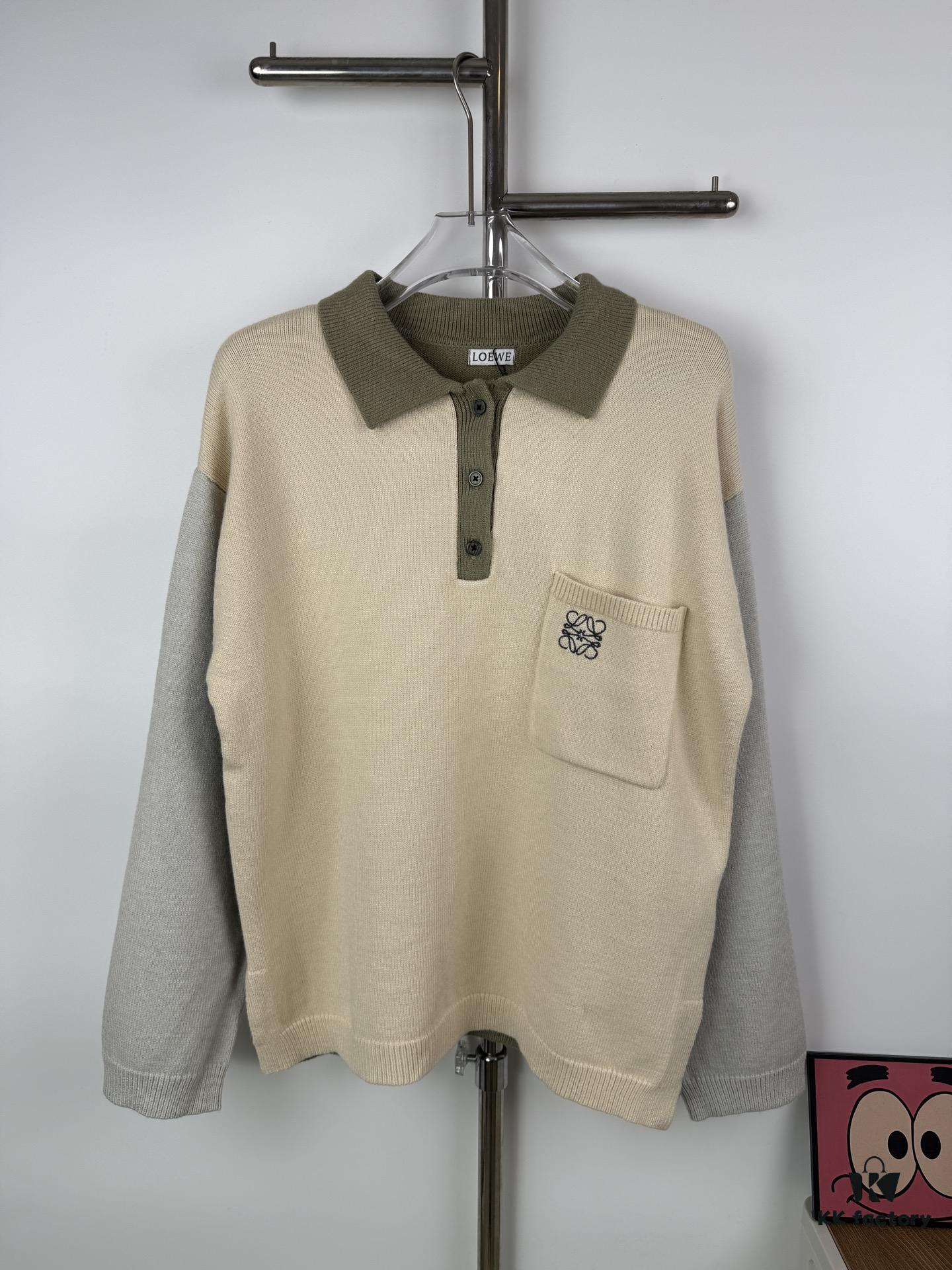 New Loewe Colorblock Embroidered Collar Preppy Polo Knit Cardigan with Side Slits