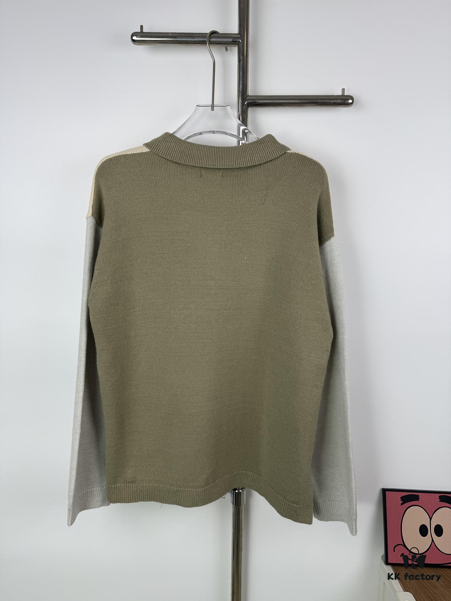 New Loewe Colorblock Embroidered Collar Preppy Polo Knit Cardigan with Side Slits