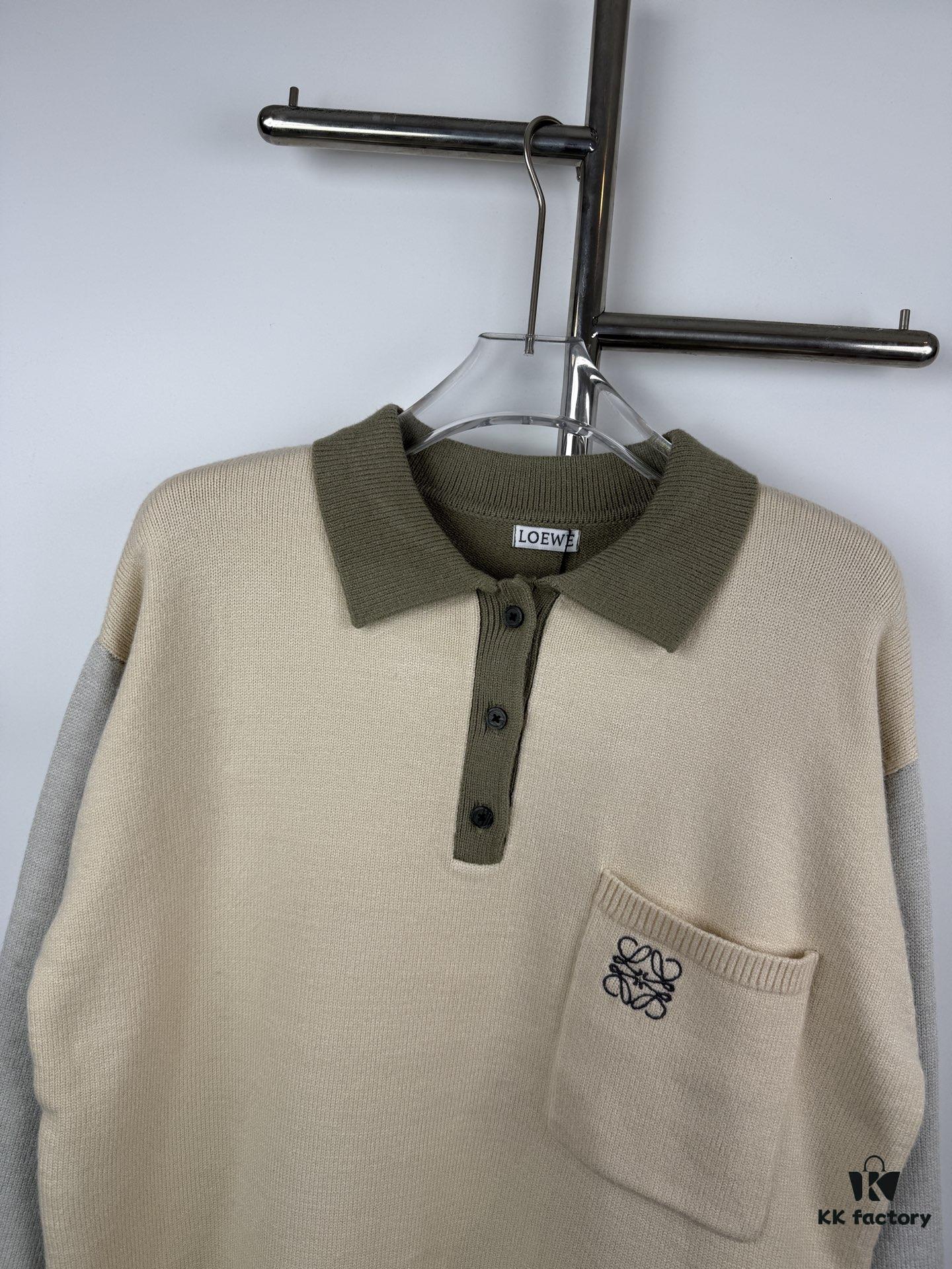 New Loewe Colorblock Embroidered Collar Preppy Polo Knit Cardigan with Side Slits