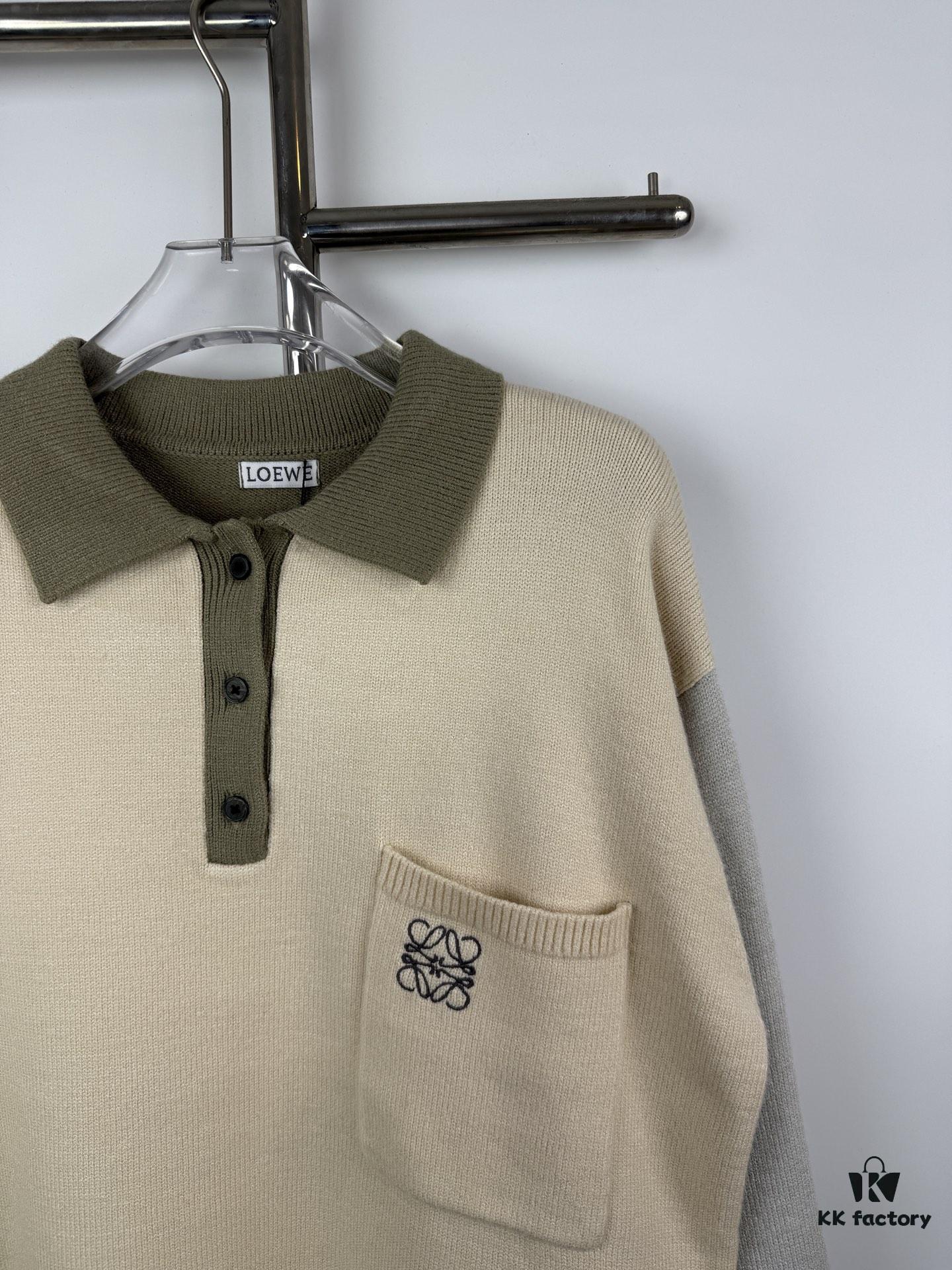 New Loewe Colorblock Embroidered Collar Preppy Polo Knit Cardigan with Side Slits