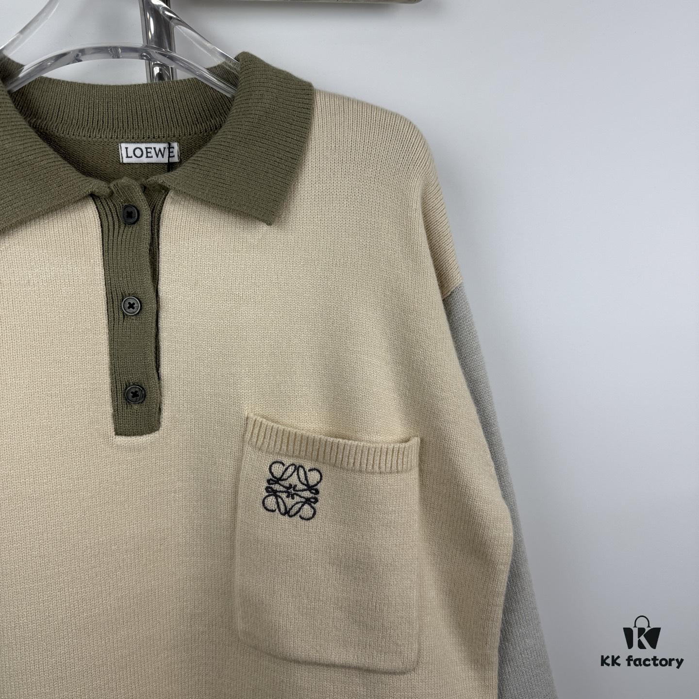 New Loewe Colorblock Embroidered Collar Preppy Polo Knit Cardigan with Side Slits