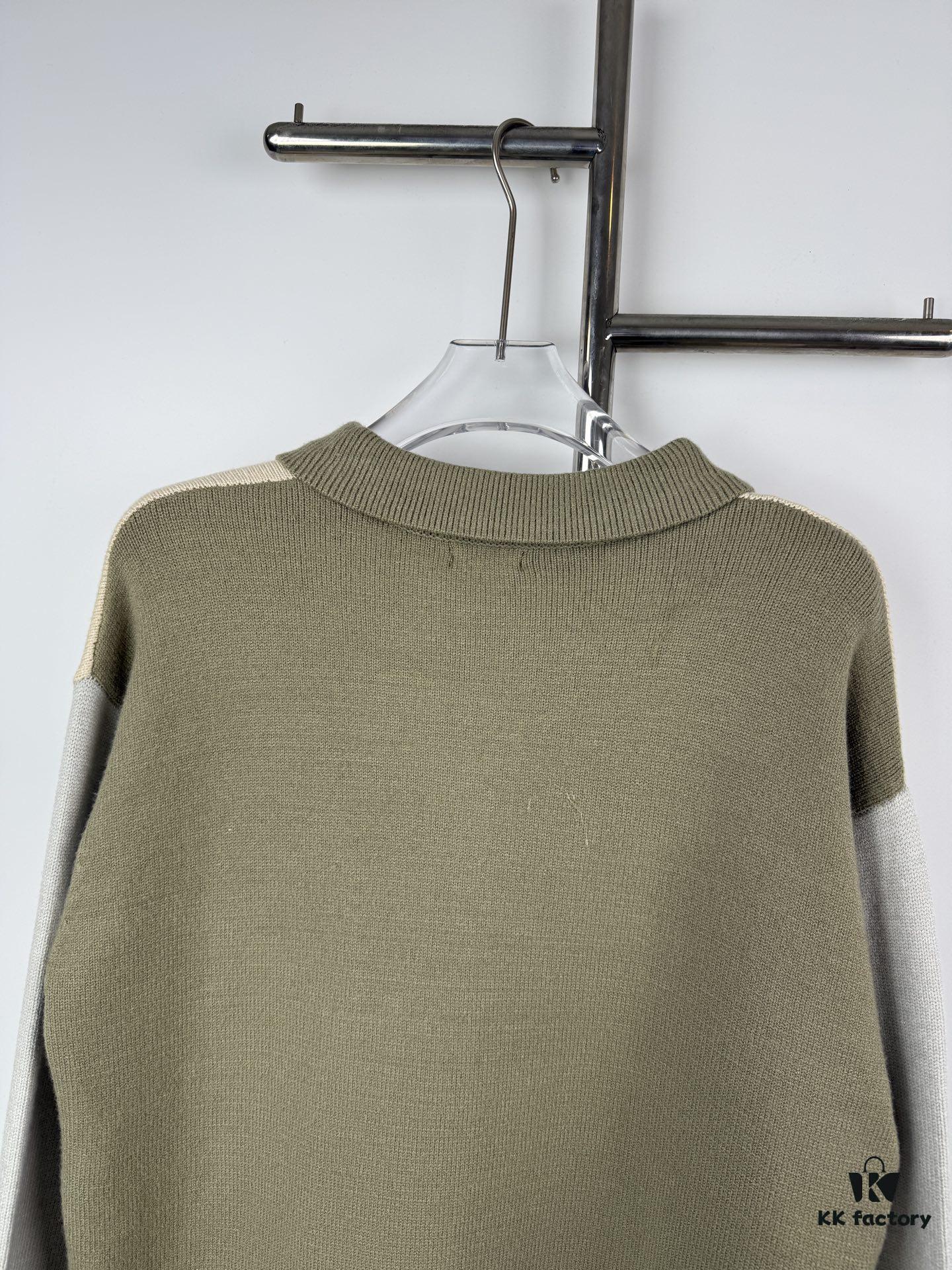 New Loewe Colorblock Embroidered Collar Preppy Polo Knit Cardigan with Side Slits