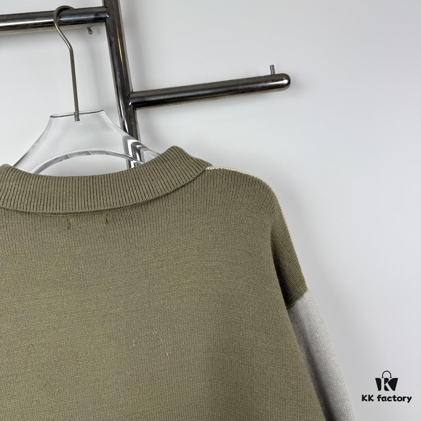 New Loewe Colorblock Embroidered Collar Preppy Polo Knit Cardigan with Side Slits