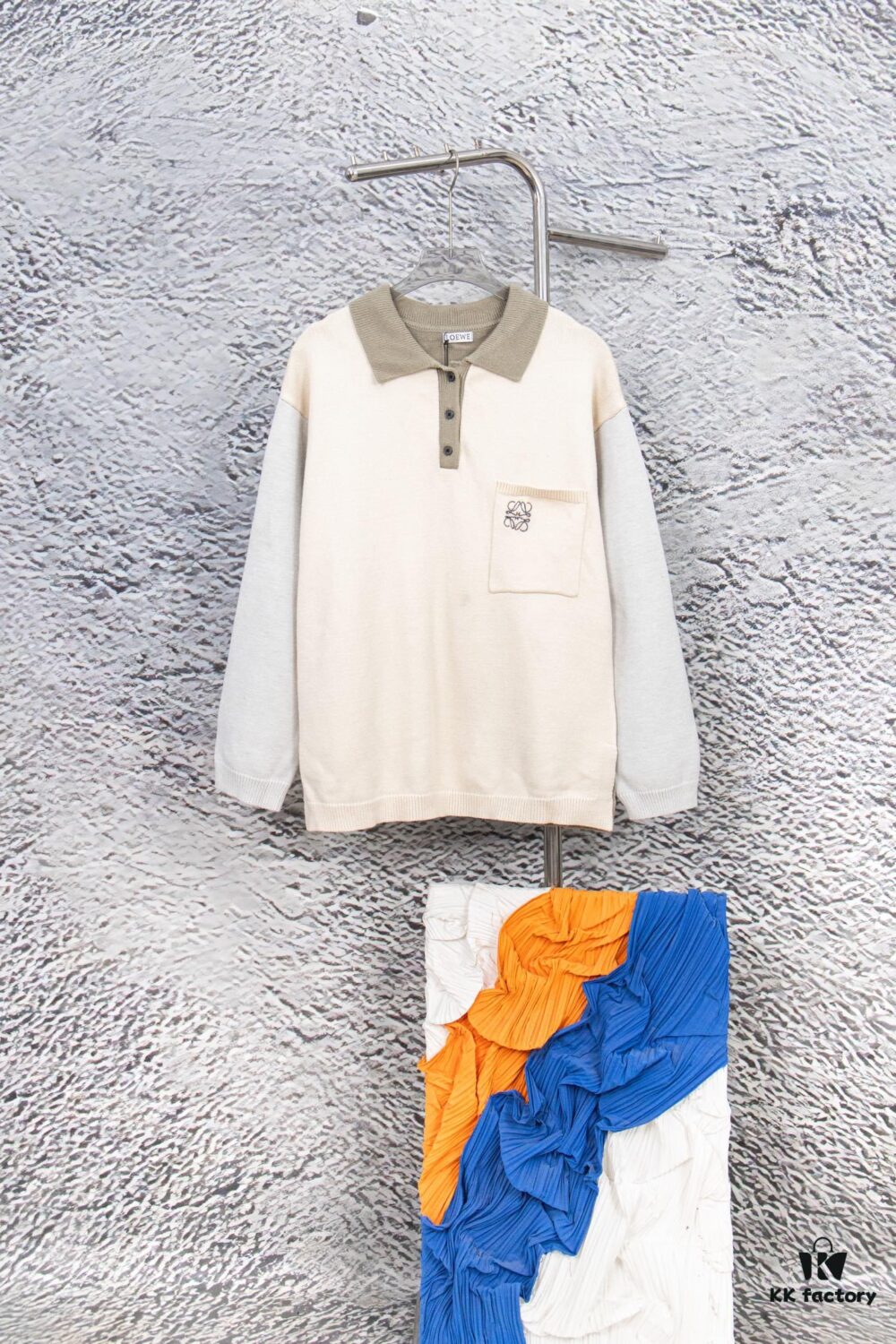 New Loewe Colorblock Embroidered Collar Preppy Polo Knit Sweater with Slits