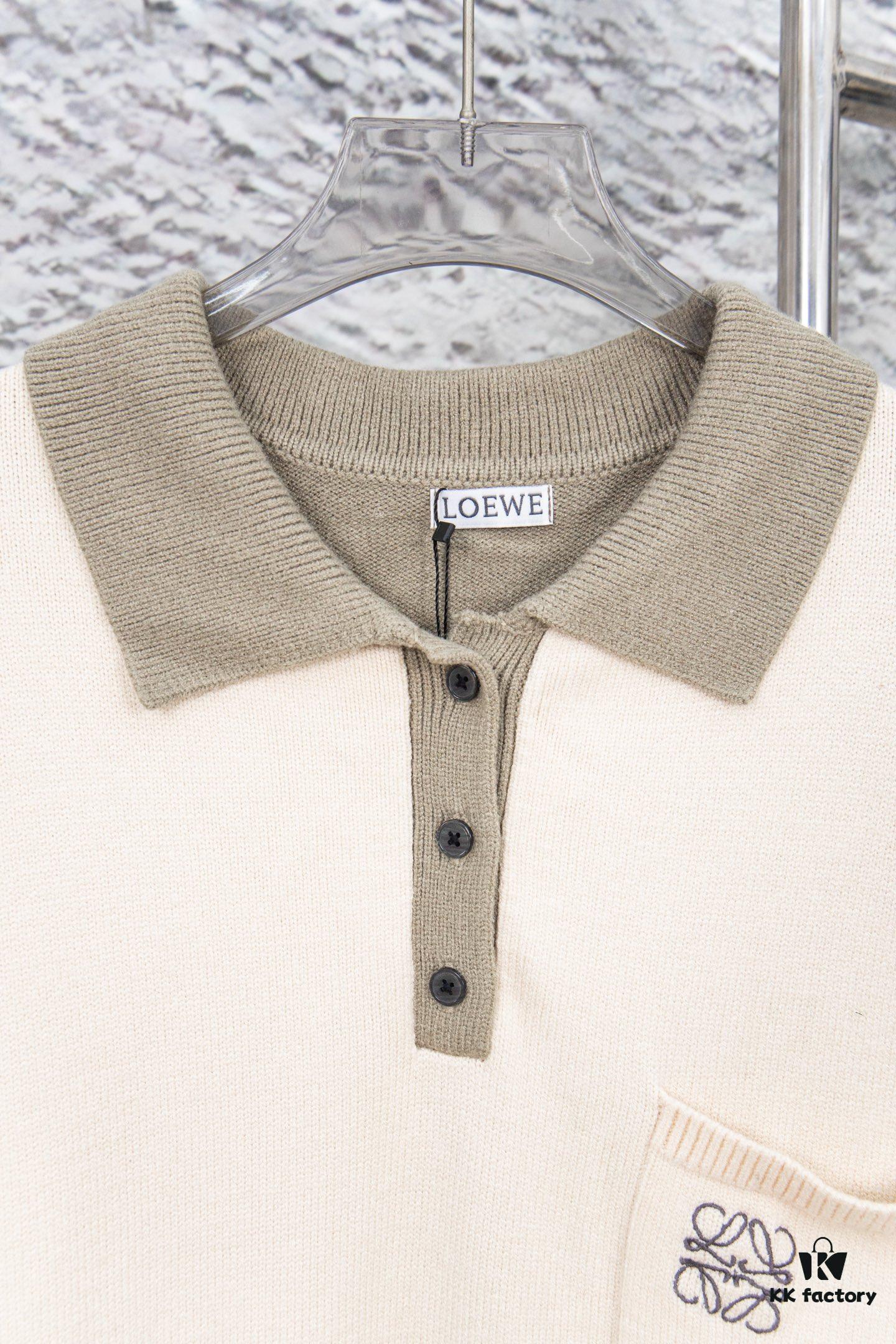 New Loewe Colorblock Embroidered Collar Preppy Polo Knit Sweater with Slits
