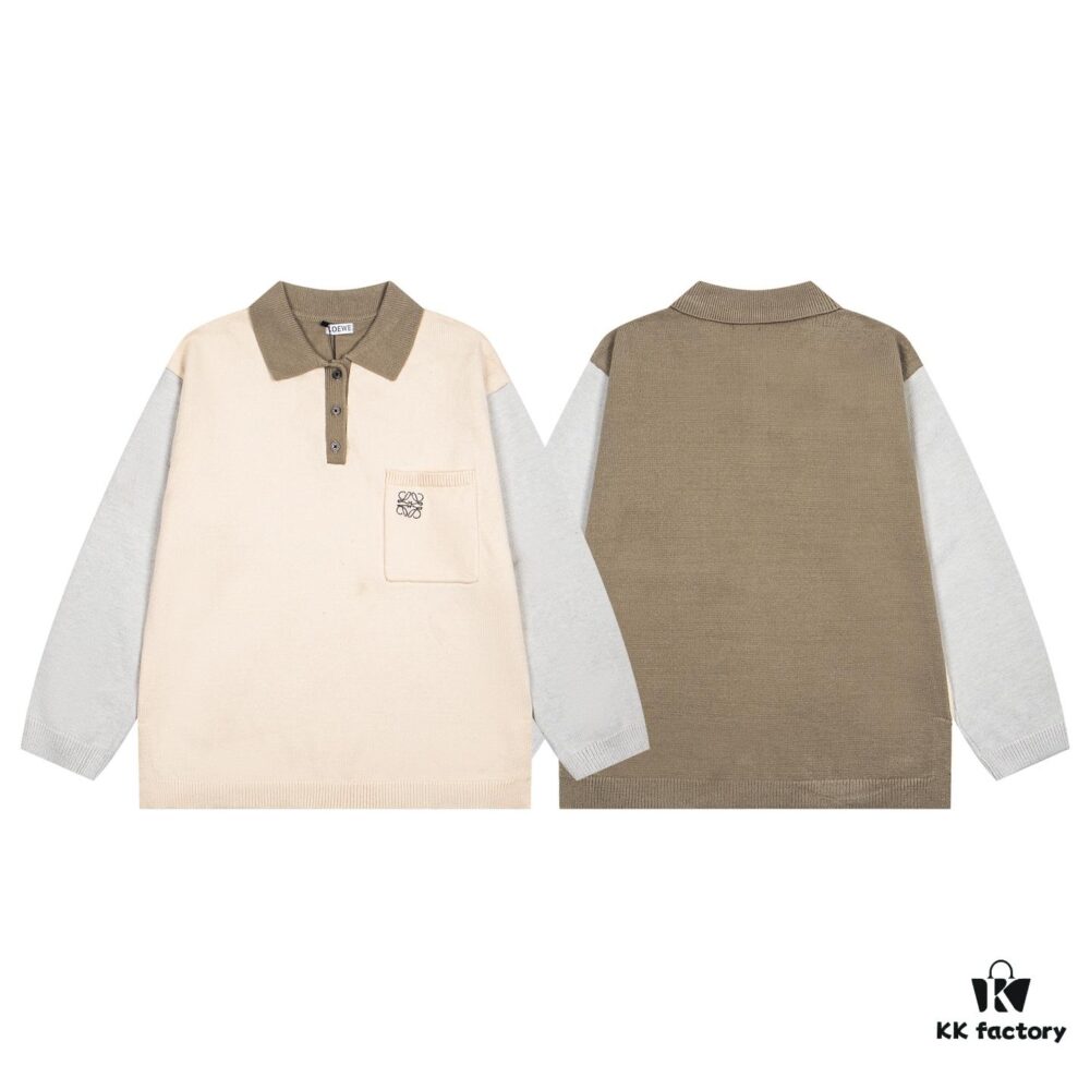 New Loewe Colorblock Embroidered Collar Preppy Polo Knit Sweater with Side Slits