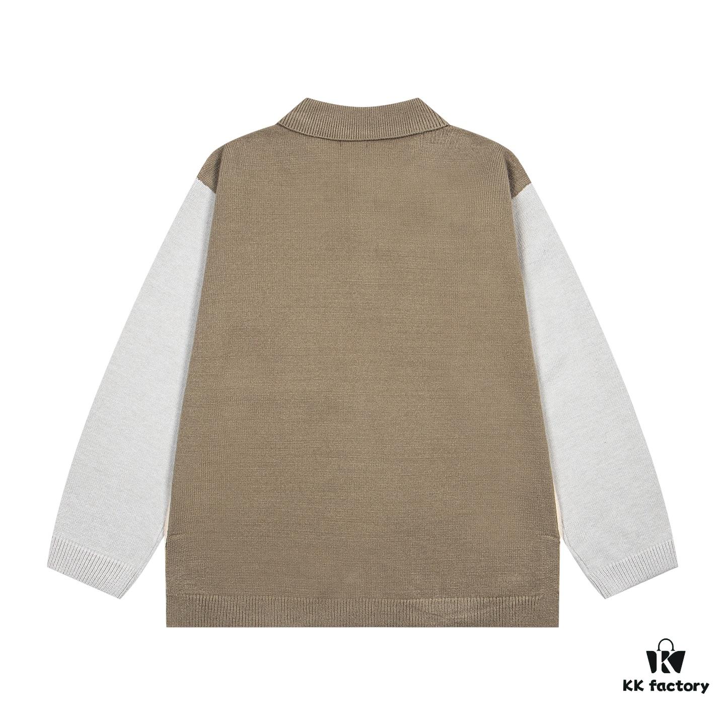 New Loewe Colorblock Embroidered Collar Preppy Polo Knit Sweater with Side Slits