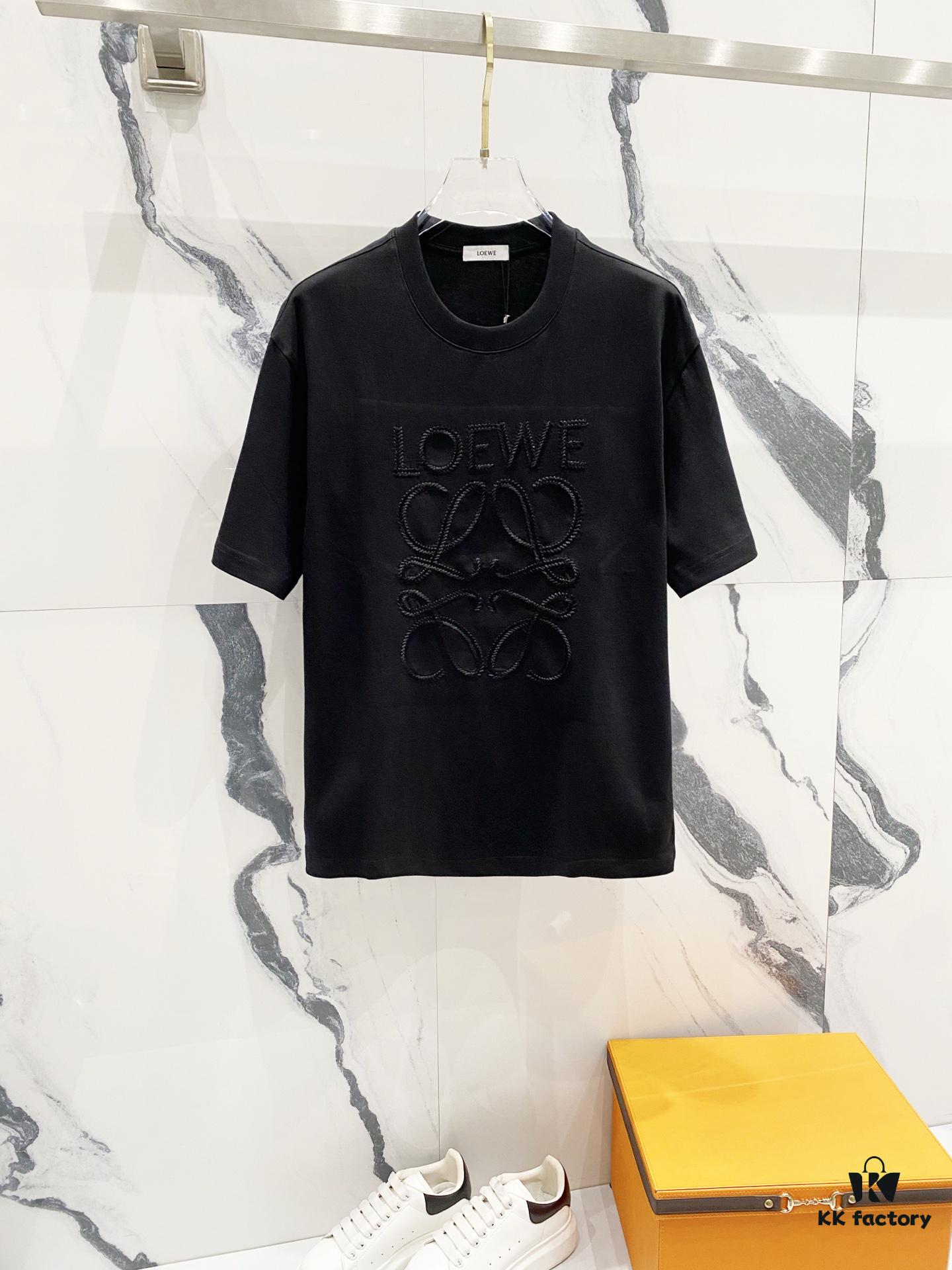 LOEWE 320g Crew Neck Short Sleeve T-Shirt, Solid Color with Embroidered Logo on Chest