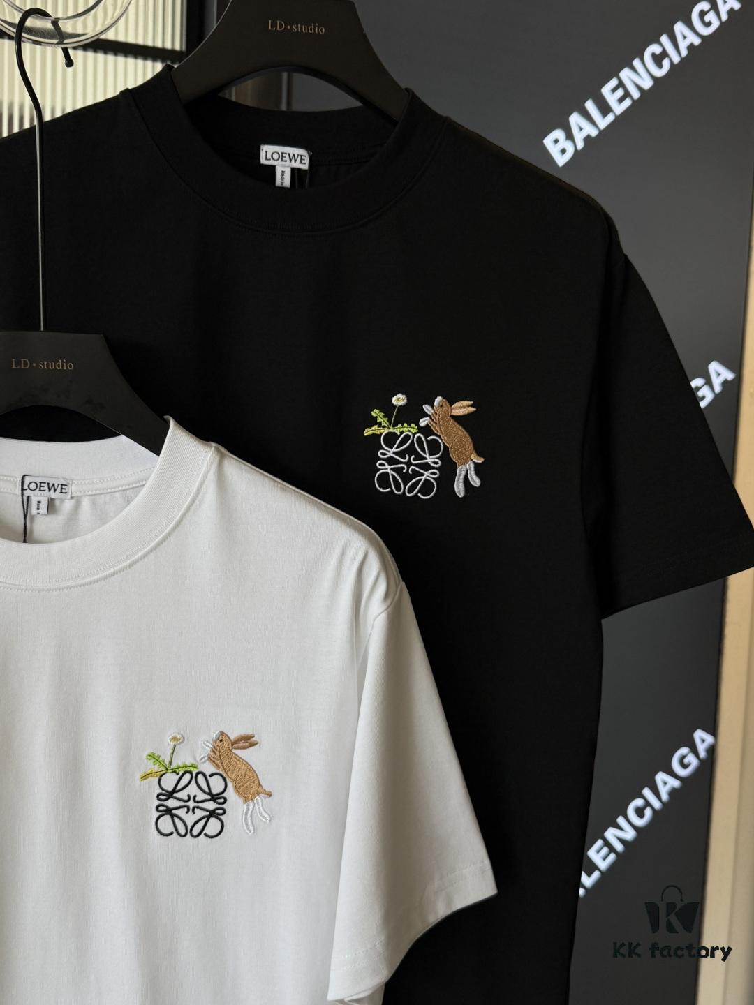 LOEWE X Suna Fujita 25SS Rabbit Embroidered Heavyweight 300g Short Sleeve T-Shirt (Top Version, Distinguished from Standard Stock)