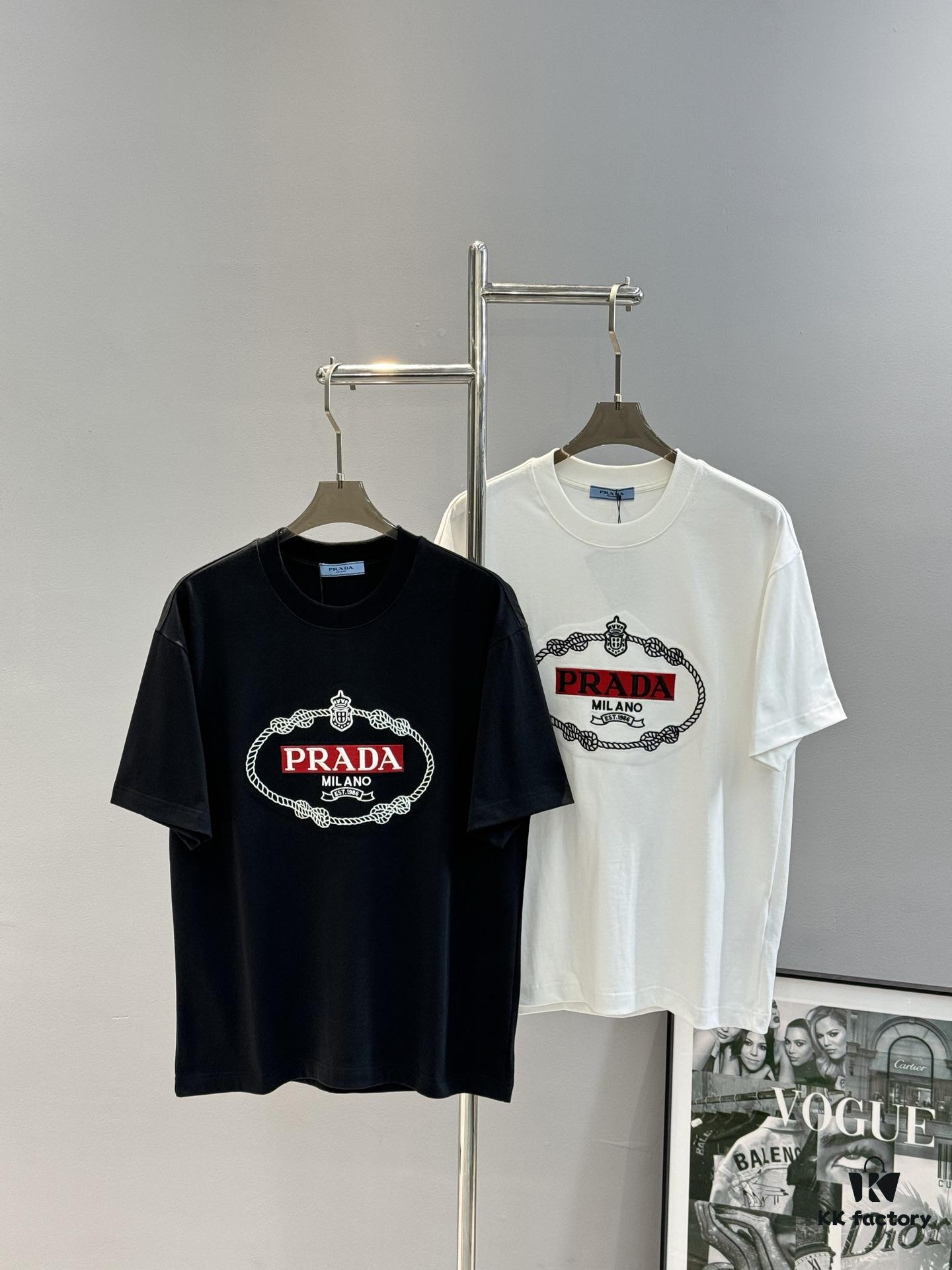 Prada New 2025 Unisex T-Shirt – Basic Style with Premium Embroidered Logo, Heavyweight 280g Soft Cotton, Relaxed Fit