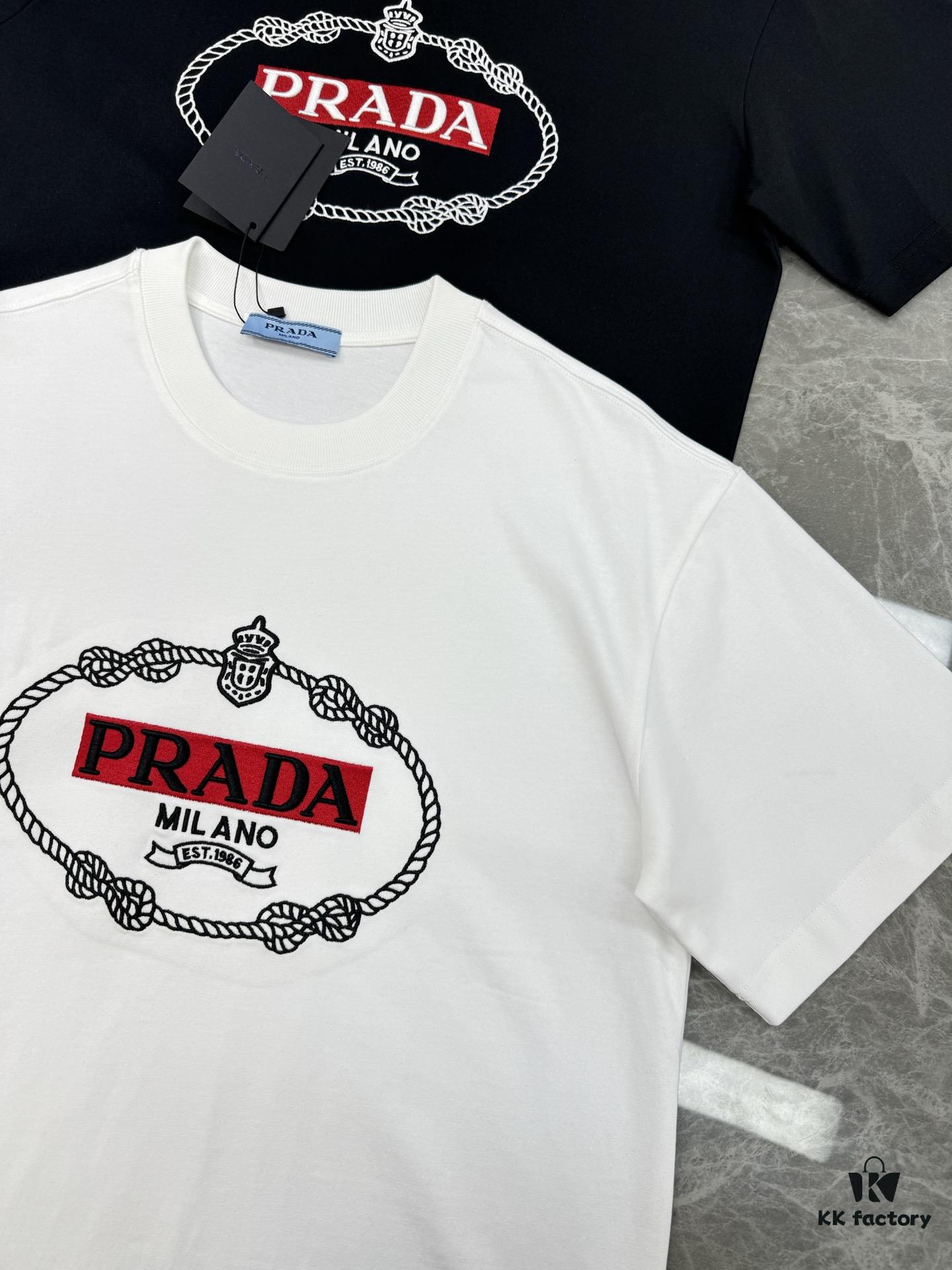 Prada New 2025 Unisex T-Shirt – Basic Style with Premium Embroidered Logo, Heavyweight 280g Soft Cotton, Relaxed Fit