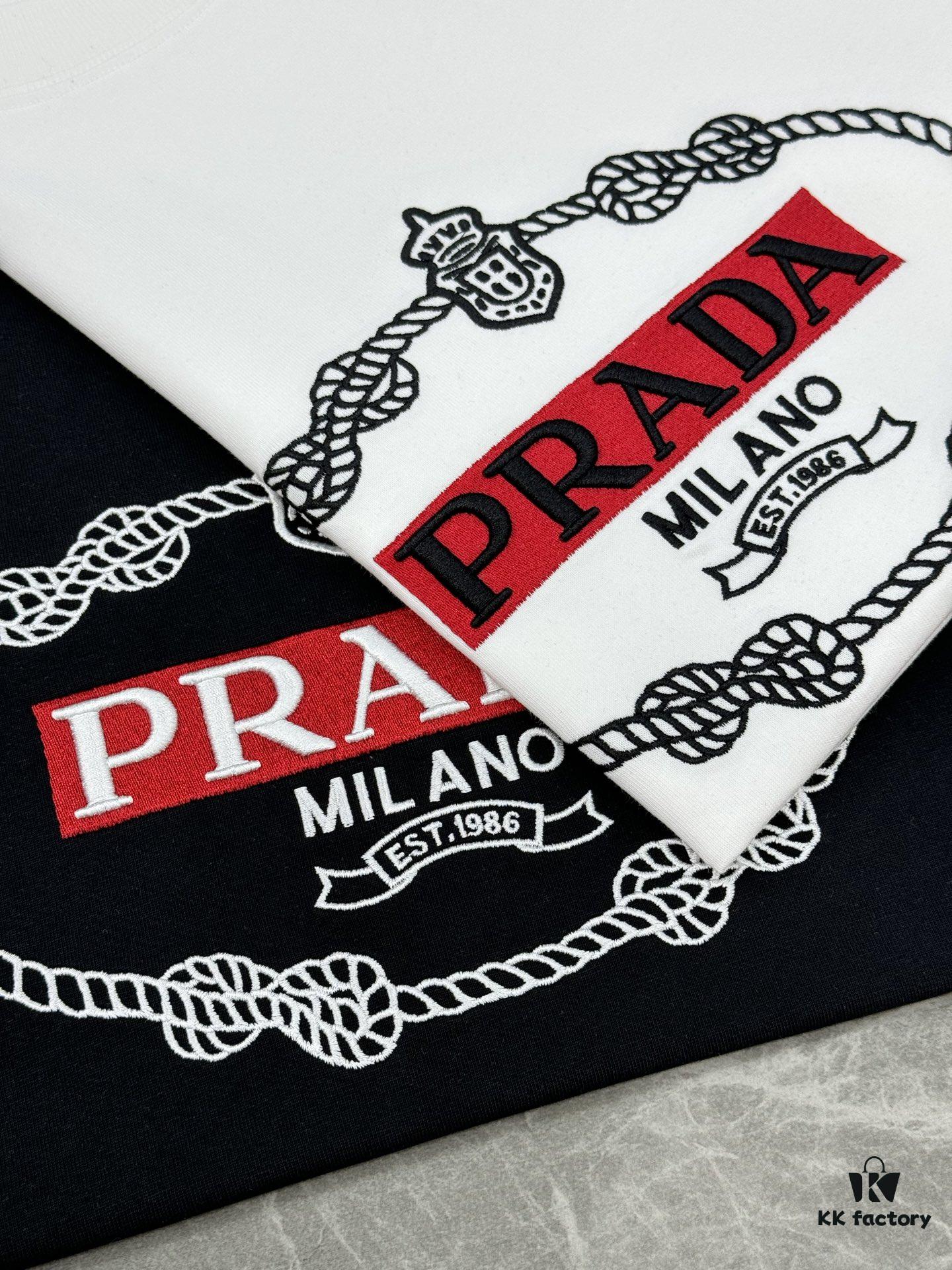 Prada New 2025 Unisex T-Shirt – Basic Style with Premium Embroidered Logo, Heavyweight 280g Soft Cotton, Relaxed Fit