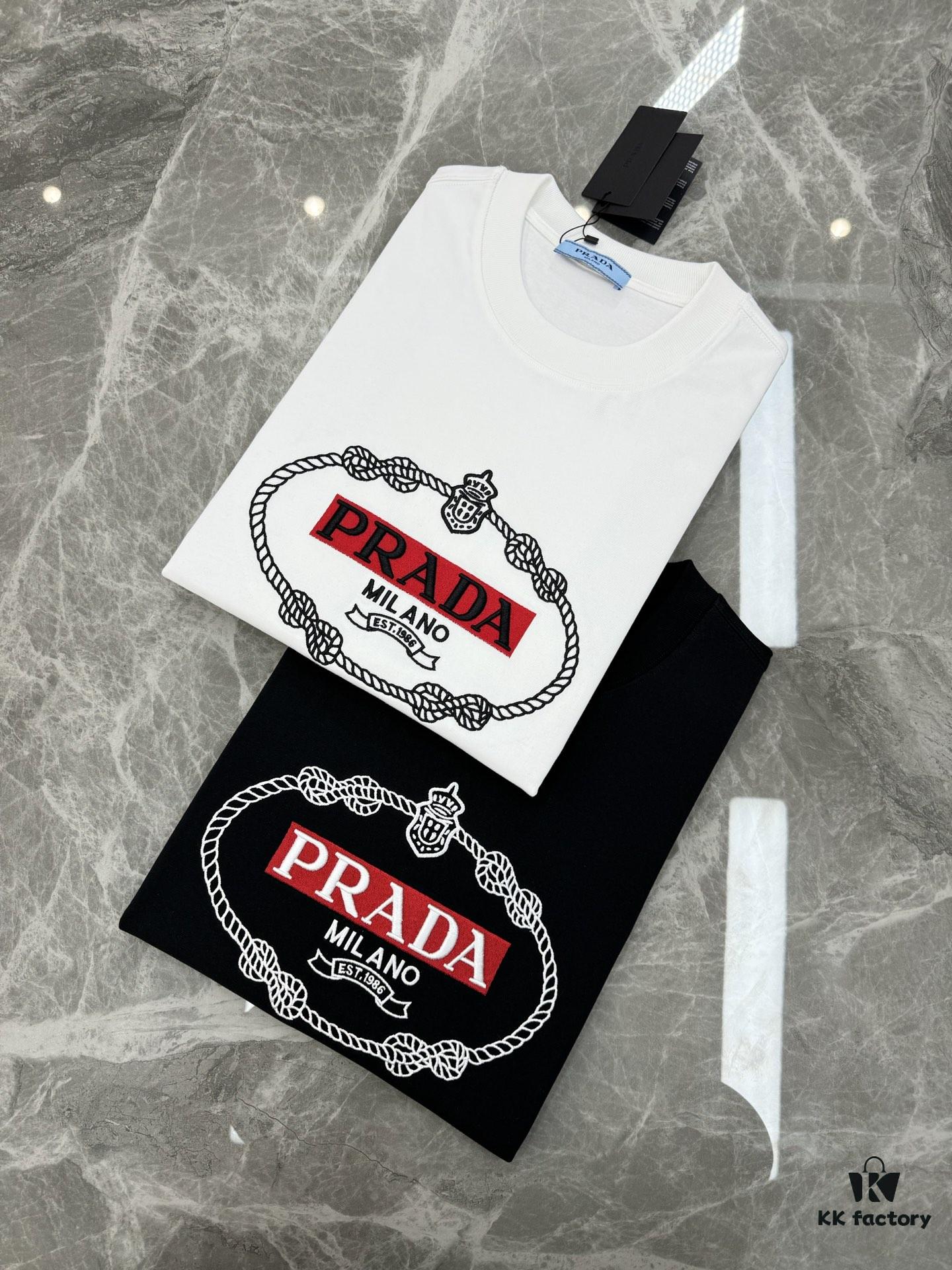 Prada New 2025 Unisex T-Shirt – Basic Style with Premium Embroidered Logo, Heavyweight 280g Soft Cotton, Relaxed Fit