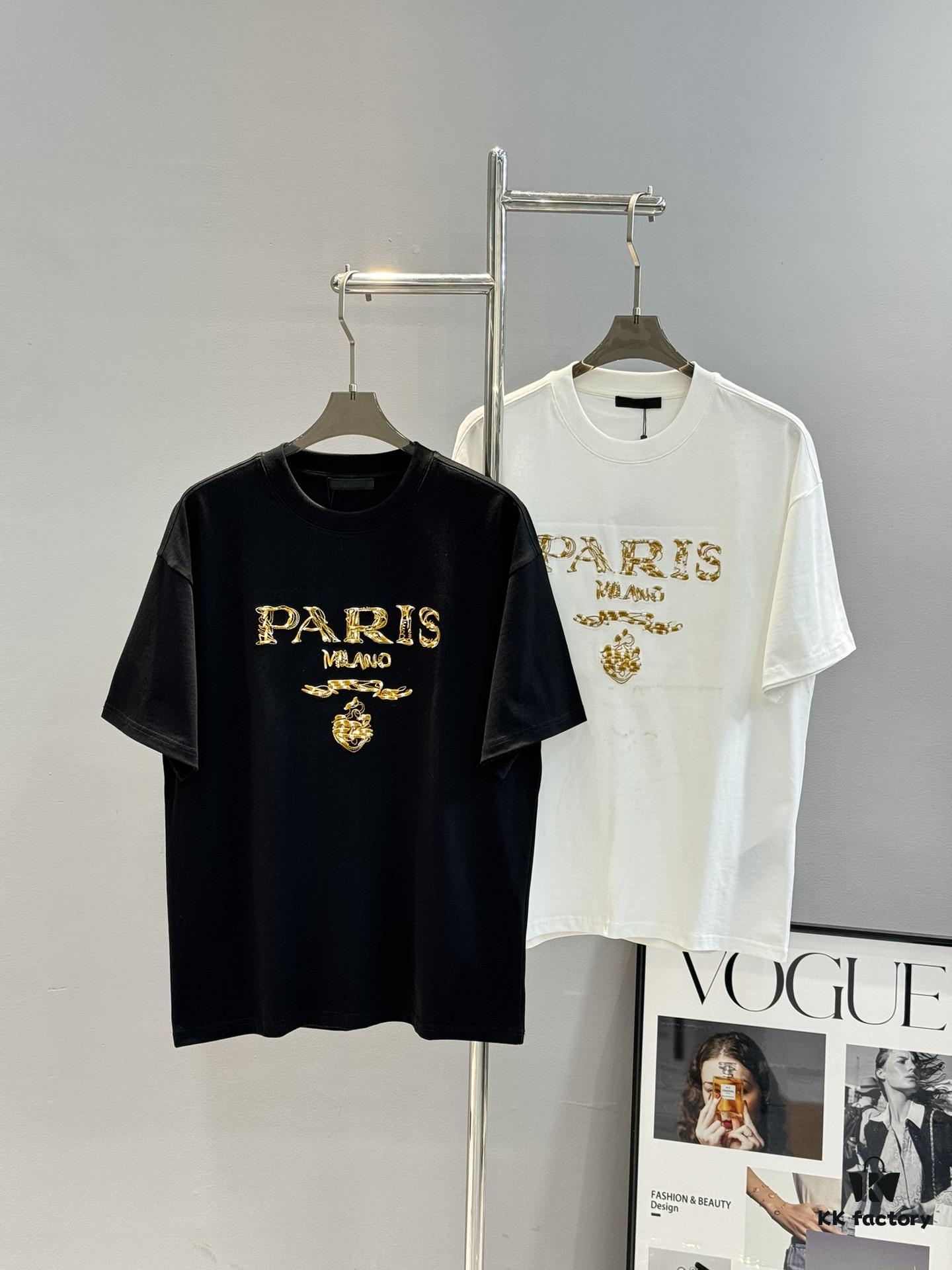 Prada New Arrival 2025 T-Shirt, Unisex Design, Premium Heavy Embroidery with Alphabetic Pattern, 280g High-Quality Soft Cotton, Loose Fit, Ideal for Everyday Wear