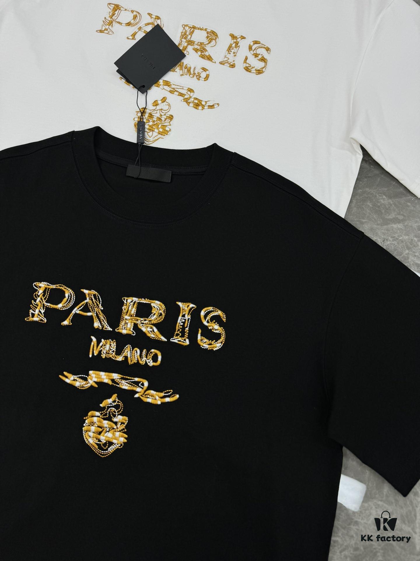 Prada New Arrival 2025 T-Shirt, Unisex Design, Premium Heavy Embroidery with Alphabetic Pattern, 280g High-Quality Soft Cotton, Loose Fit, Ideal for Everyday Wear