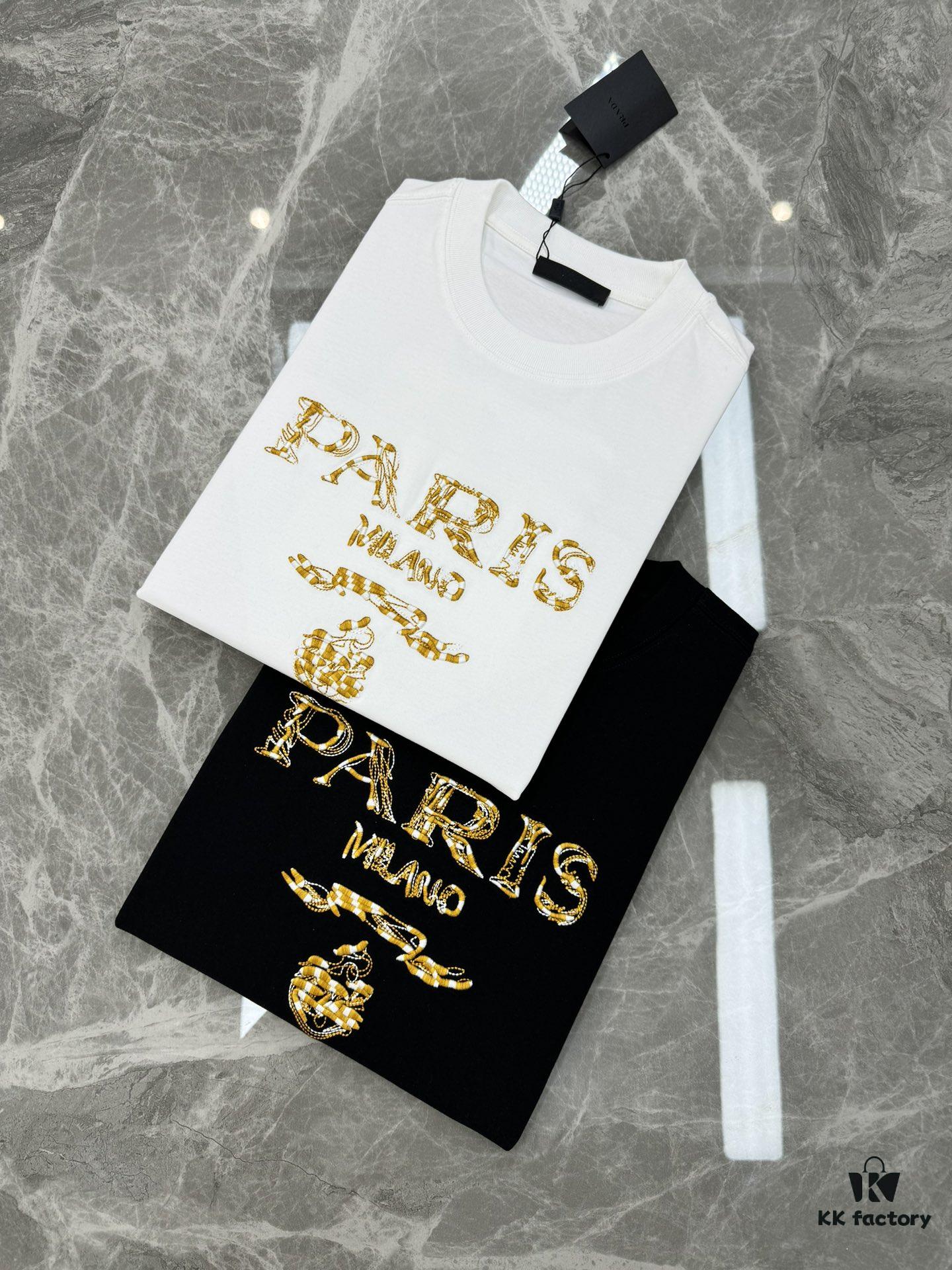 Prada New Arrival 2025 T-Shirt, Unisex Design, Premium Heavy Embroidery with Alphabetic Pattern, 280g High-Quality Soft Cotton, Loose Fit, Ideal for Everyday Wear