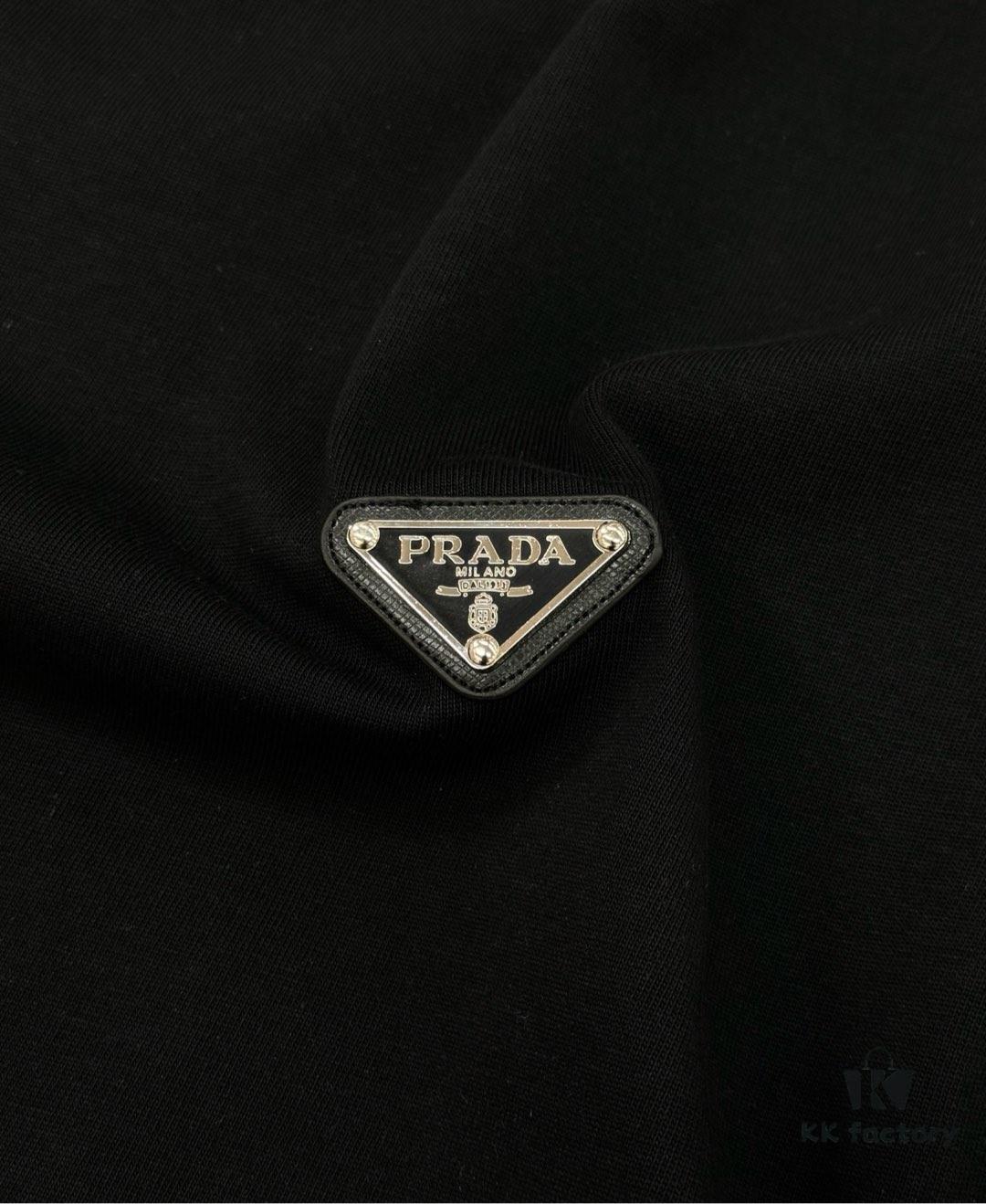 PRAD* Prada 25s New Arrival Unisex T-Shirt with Embroidered Back Logo, Contrast Pink Design, Triangle Metal Badge on Chest, 280g Pure Cotton Fabric, Classic Brand Lettering, High-Fashion Streetwear