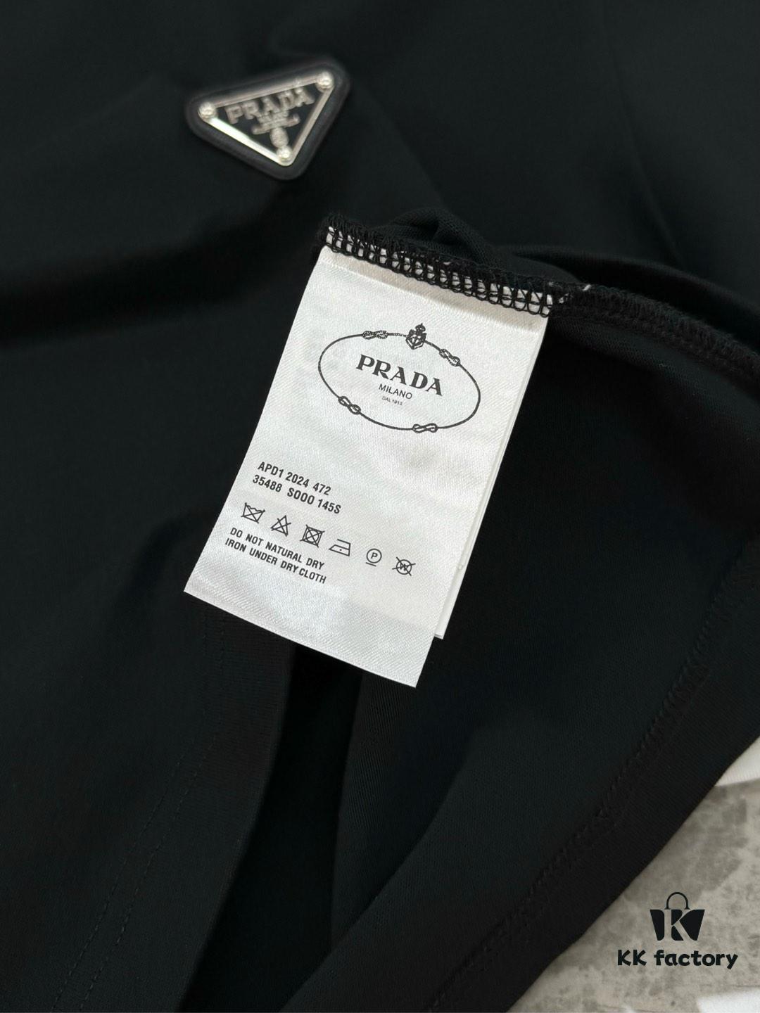 PRAD* Prada 25s New Arrival Unisex T-Shirt with Embroidered Back Logo, Contrast Pink Design, Triangle Metal Badge on Chest, 280g Pure Cotton Fabric, Classic Brand Lettering, High-Fashion Streetwear