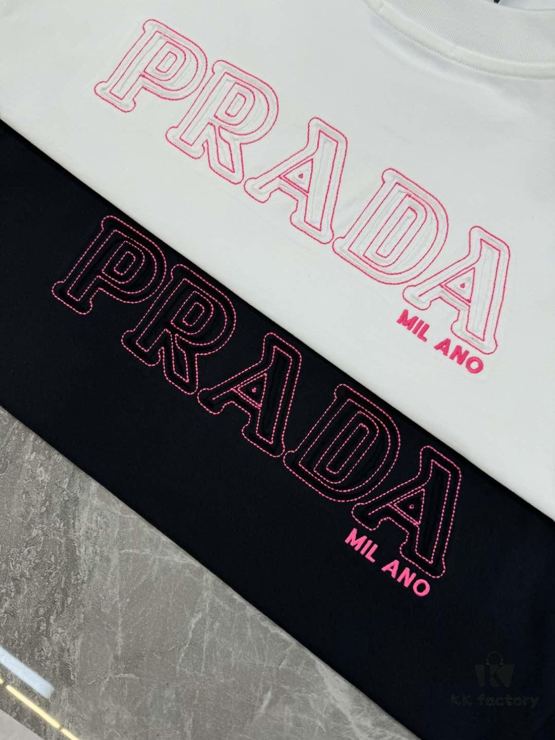 PRAD* Prada 25s New Arrival Unisex T-Shirt with Embroidered Back Logo, Contrast Pink Design, Triangle Metal Badge on Chest, 280g Pure Cotton Fabric, Classic Brand Lettering, High-Fashion Streetwear