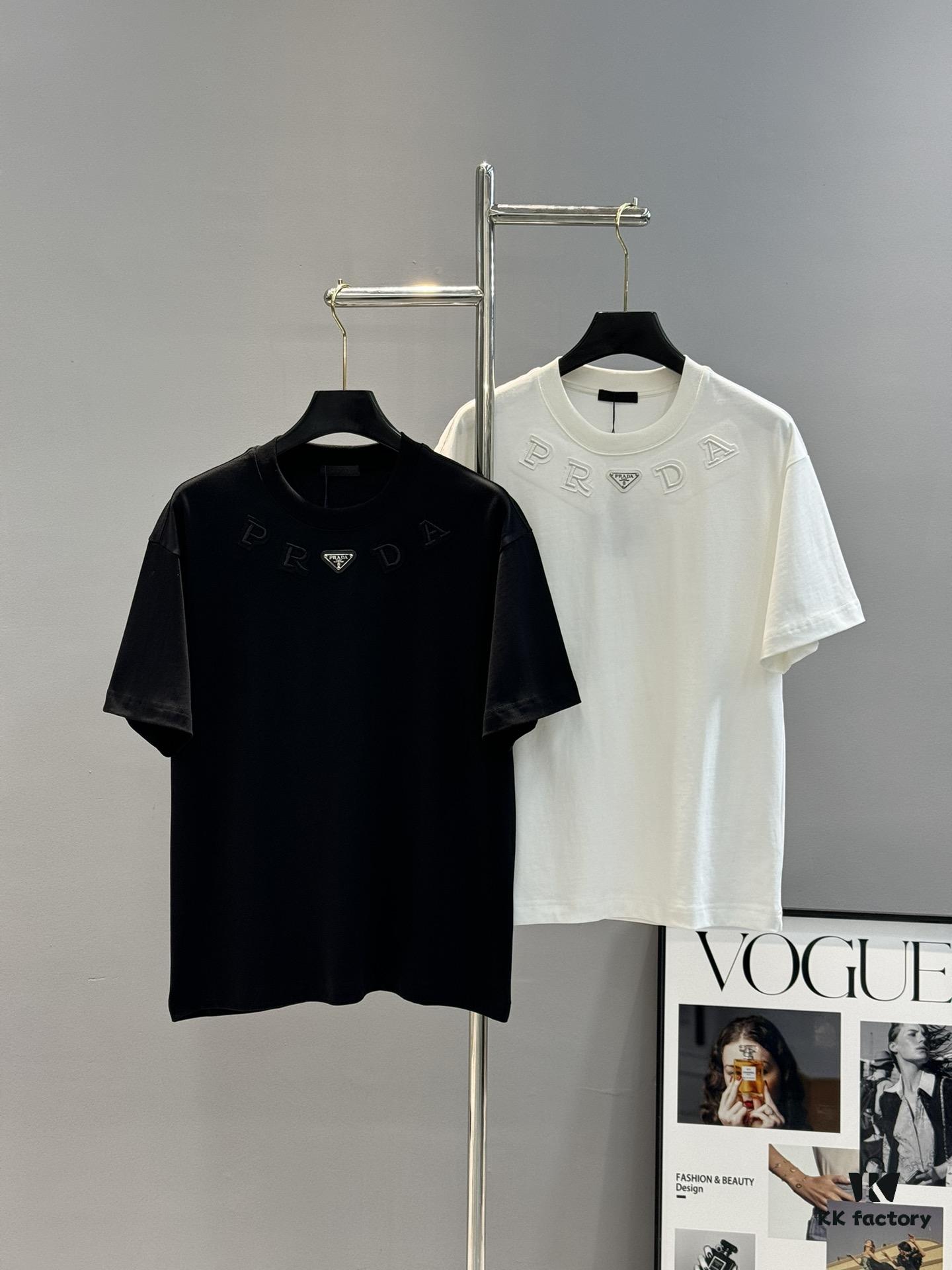 PRADA New Arrival Unisex T-Shirt 25S – Official Website Launch, 3D Embroidered Logo Design with Classic Leather Triangle Badge, Premium 40-Single 260g Cotton Fabric, Breathable and Comfortable, Essential Wardrobe Piece for Layering or Wearing Alone