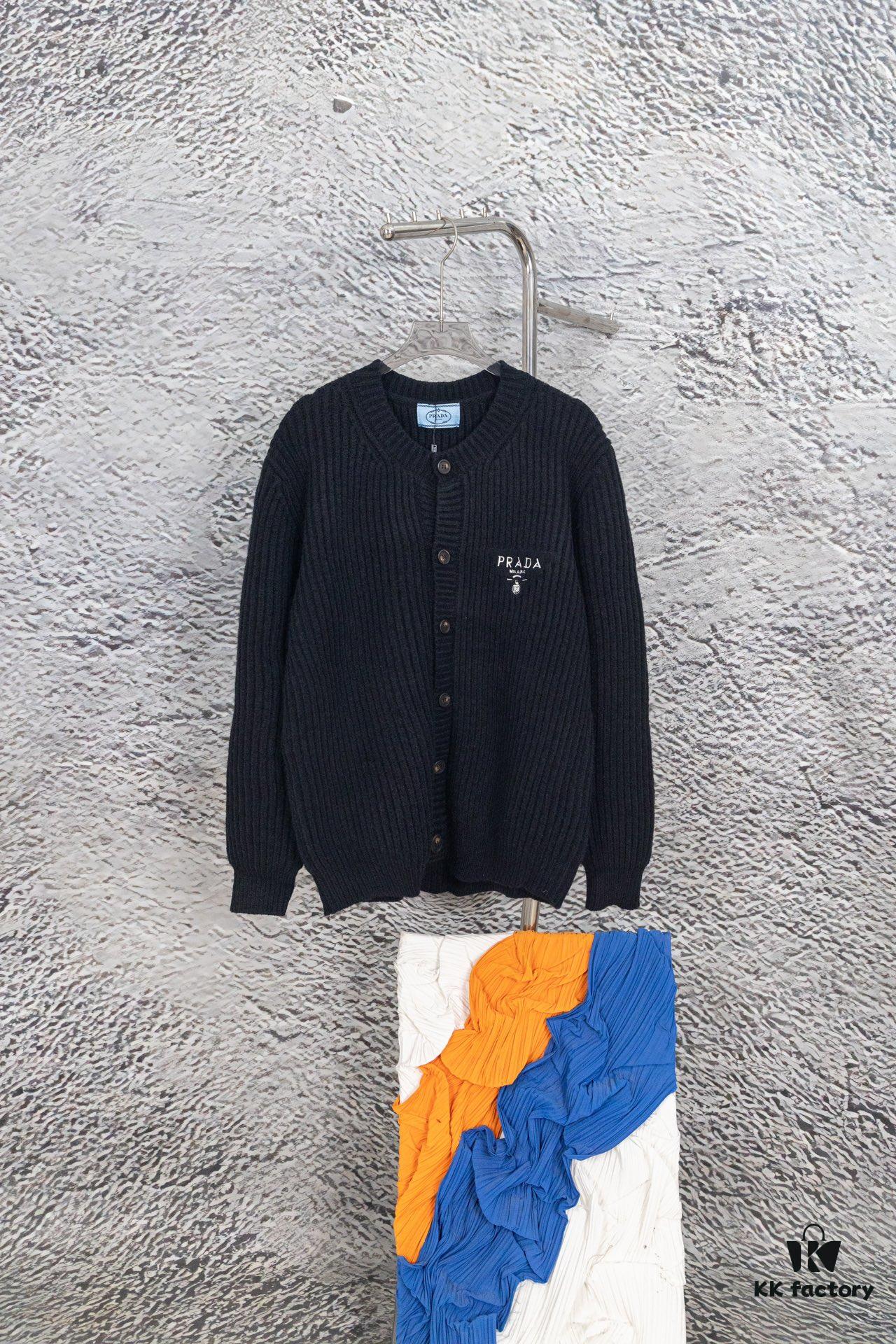 PRADA Wool Cardigan with Chunky Knit, Premium Craftsmanship, Embroidered Logo, Authentic Reproduction