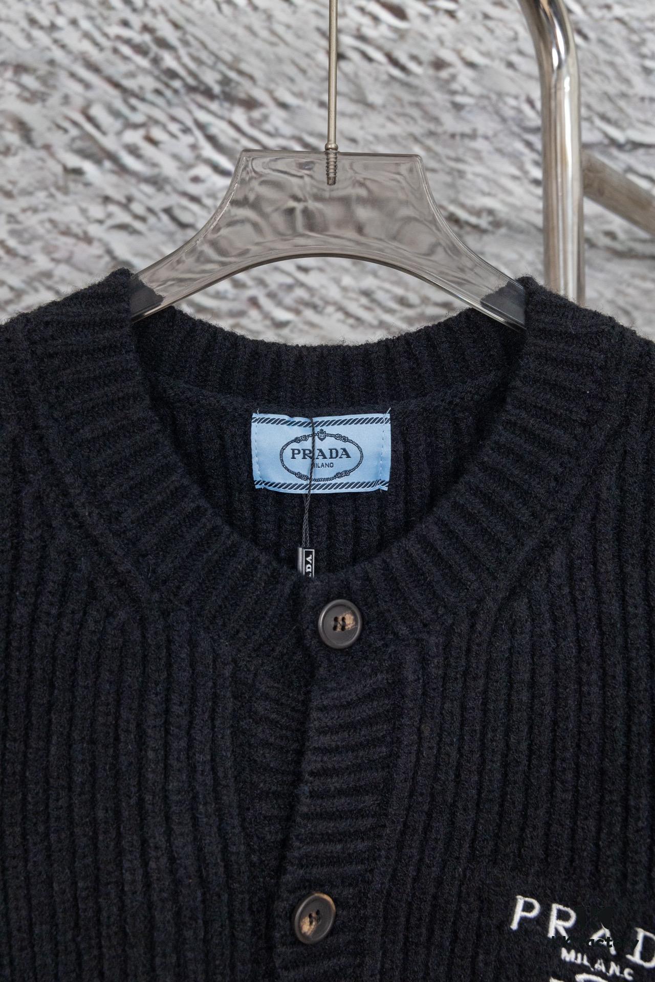 PRADA Wool Cardigan with Chunky Knit, Premium Craftsmanship, Embroidered Logo, Authentic Reproduction