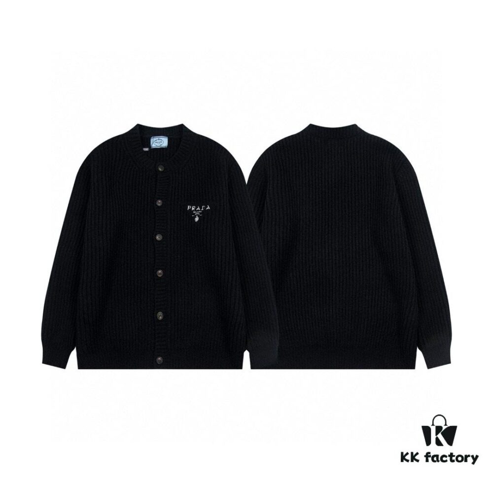 PRADA Wool Cardigan, Coarse Knit, Premium Craftsmanship, Imported Yarn with Soft Finish, Embroidered Chest Logo, Authentic Reproduction