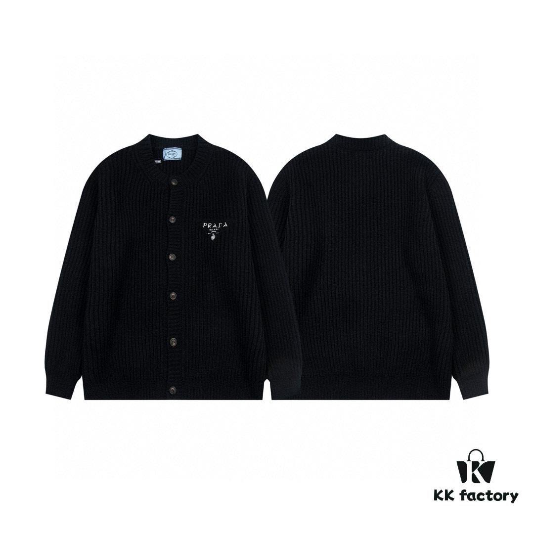 PRADA Wool Cardigan, Coarse Knit, Premium Craftsmanship, Imported Yarn with Soft Finish, Embroidered Chest Logo, Authentic Reproduction