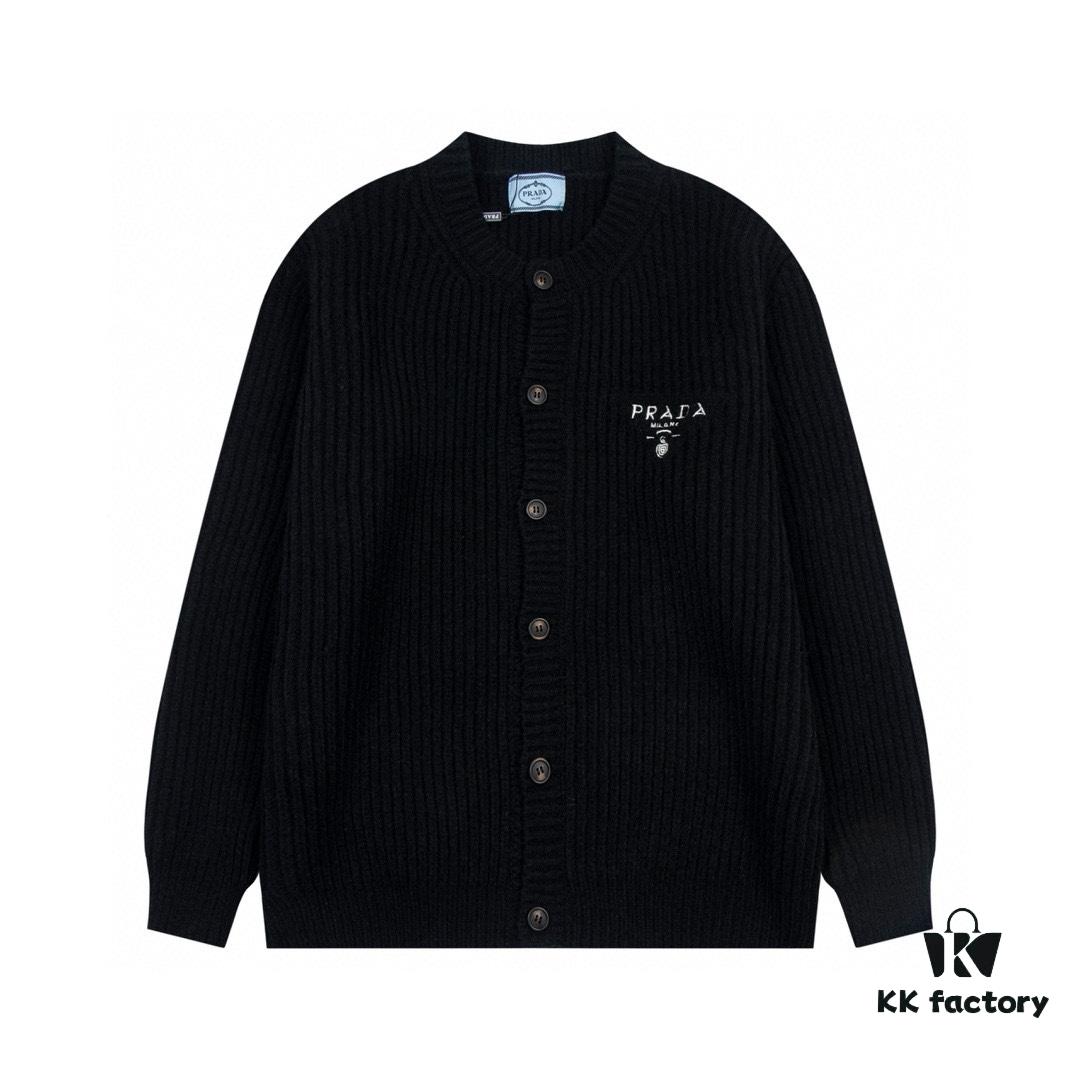 PRADA Wool Cardigan, Coarse Knit, Premium Craftsmanship, Imported Yarn with Soft Finish, Embroidered Chest Logo, Authentic Reproduction