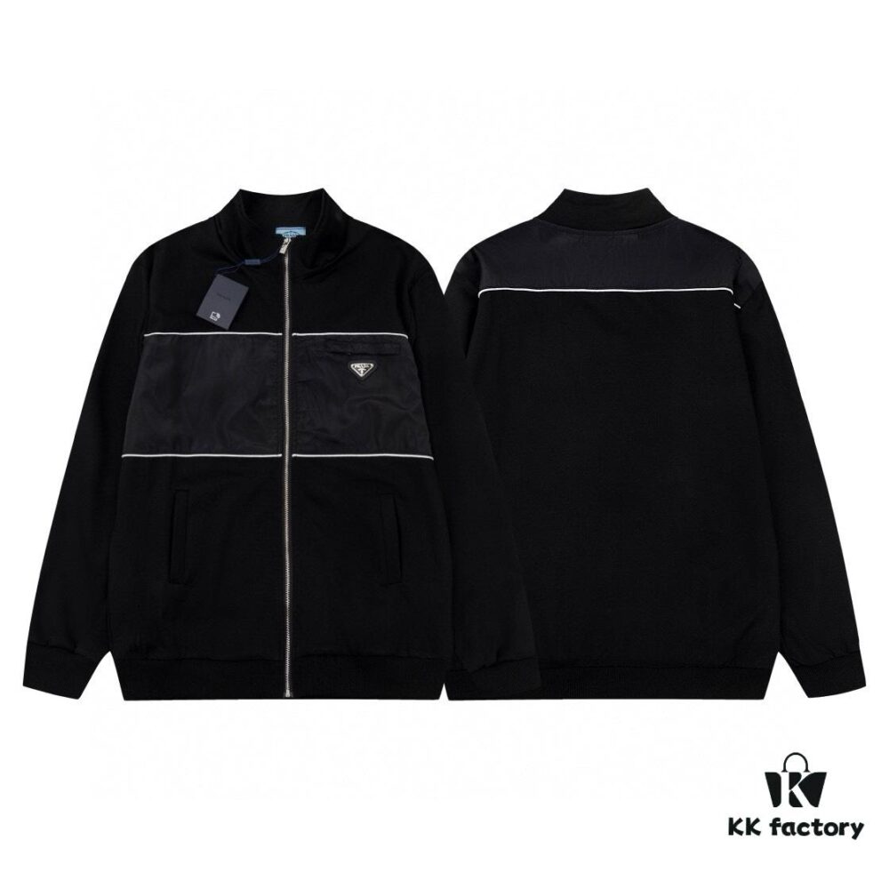 New PRADA Triangle Logo Patch Stand Collar Jacket Unisex Couple Style