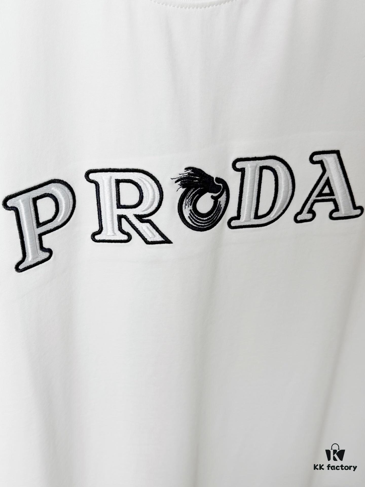 Prada High-End SS25 Spring/Summer Collection, In-Store Exclusive, Premium Channel Release, Embroidered Logo Relief Series, Crew Neck Short-Sleeve T-Shirt with Slightly Relaxed Fit