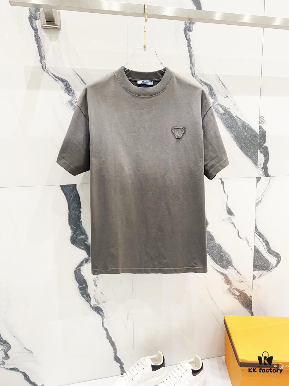 PRADA Washed 320g Short Sleeve T-Shirt with Minimalist Triangular Embroidered Logo
