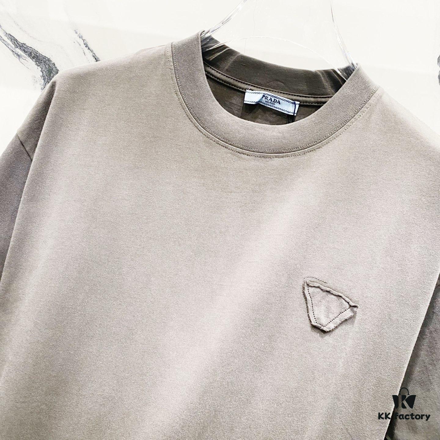PRADA Washed 320g Short Sleeve T-Shirt with Minimalist Triangular Embroidered Logo