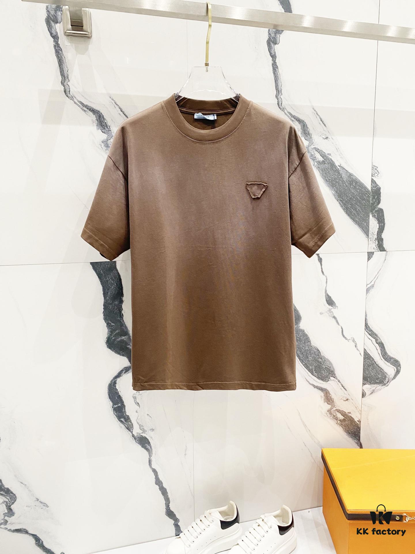 PRADA/Prada 320g Washed Short-Sleeve T-Shirt with Minimalist Triangular Patch Embroidery Logo