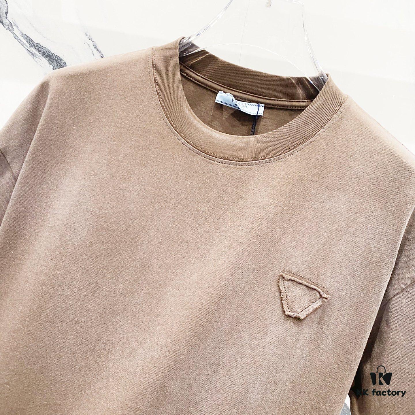 PRADA/Prada 320g Washed Short-Sleeve T-Shirt with Minimalist Triangular Patch Embroidery Logo