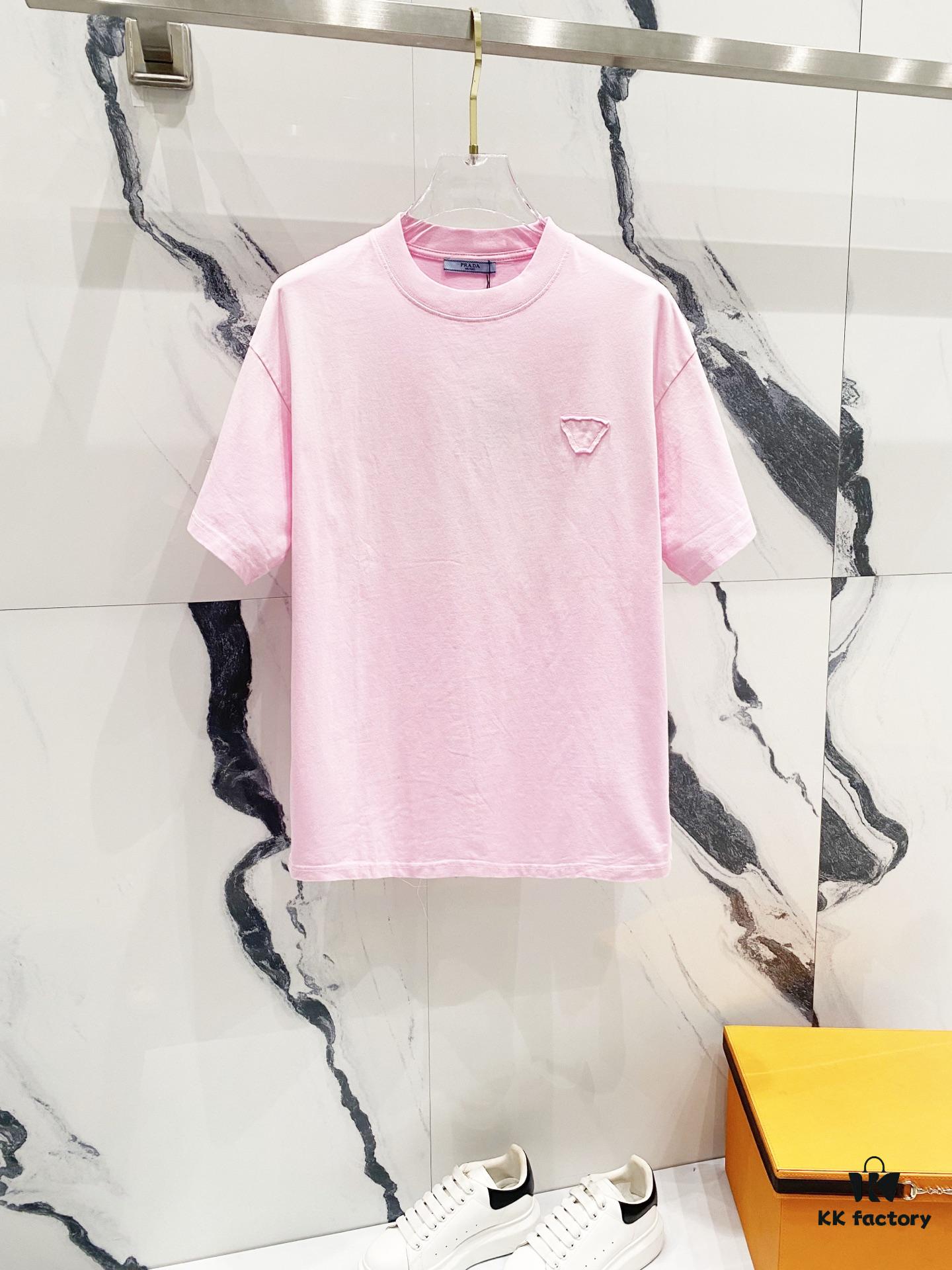 PRADA/Prada 320g Washed Short-Sleeve T-Shirt with Minimalist Triangular Logo Embroidery