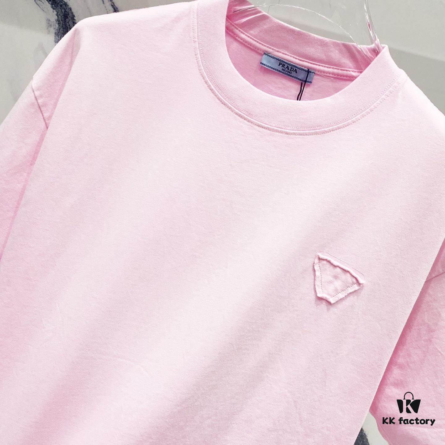 PRADA/Prada 320g Washed Short-Sleeve T-Shirt with Minimalist Triangular Logo Embroidery