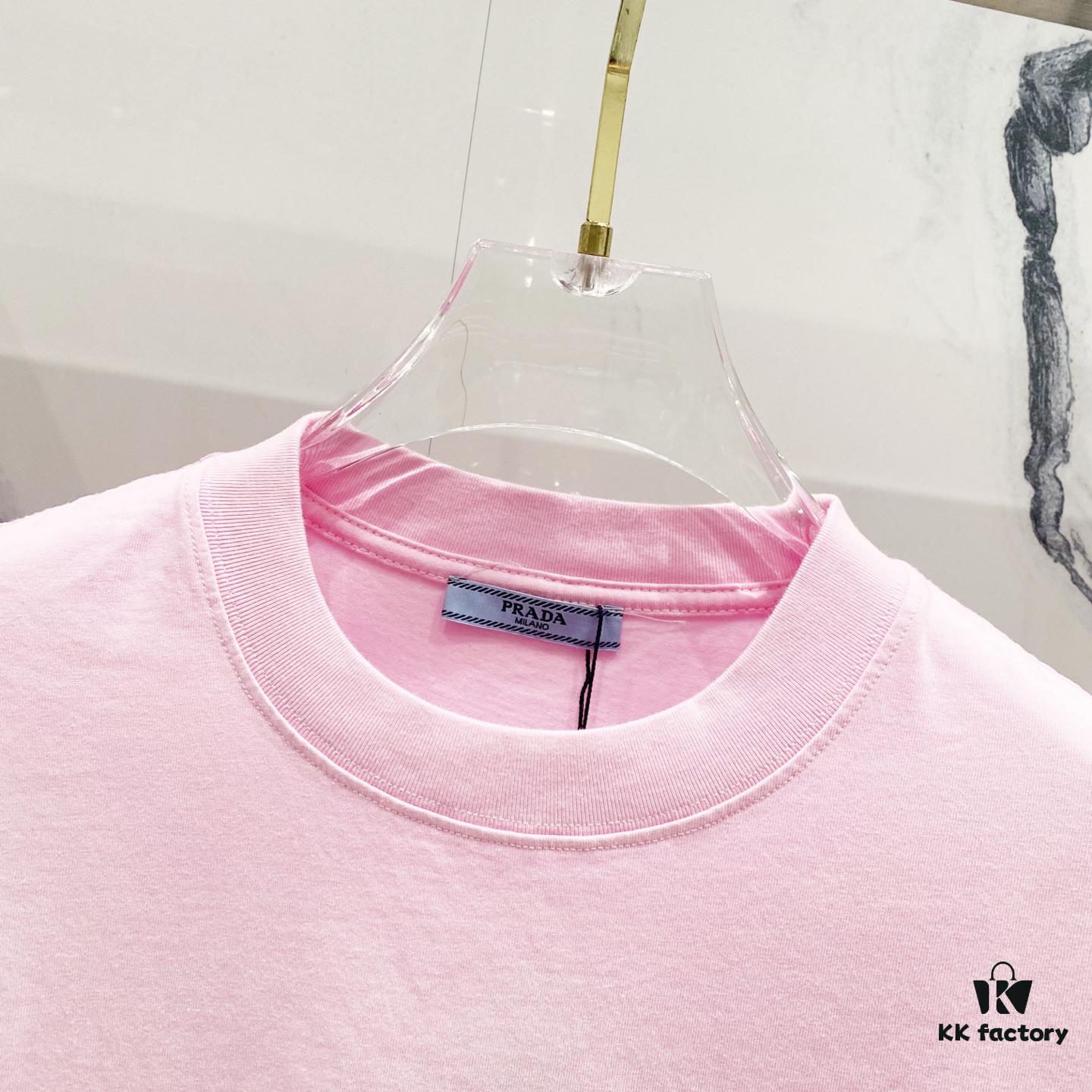 PRADA/Prada 320g Washed Short-Sleeve T-Shirt with Minimalist Triangular Logo Embroidery