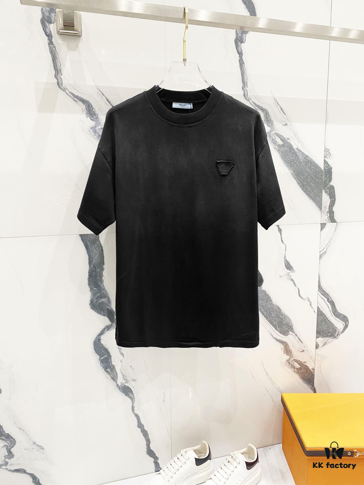 PRADA/Prada 320g Washed Short Sleeve T-Shirt with Minimalist Triangular Logo Embroidery