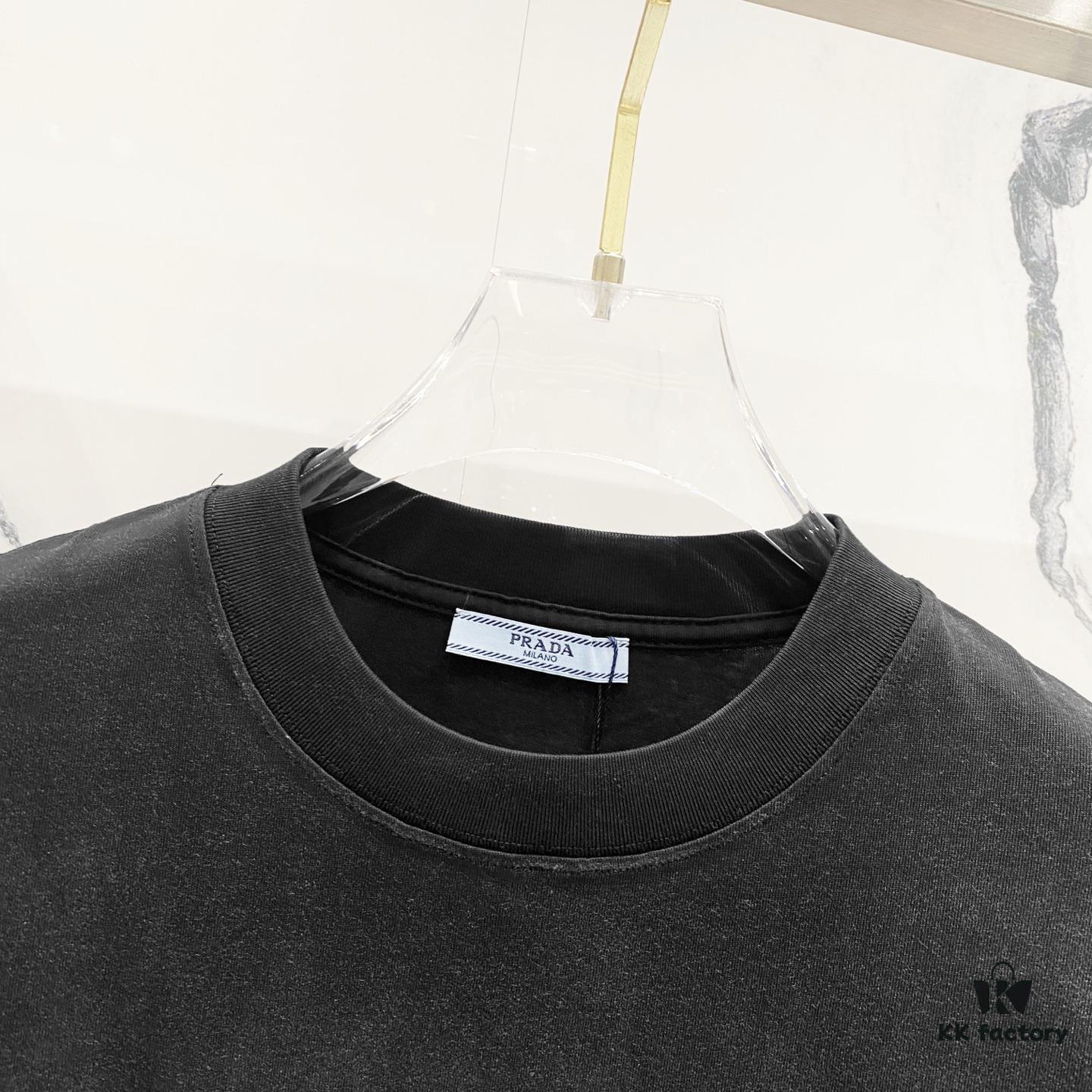 PRADA/Prada 320g Washed Short Sleeve T-Shirt with Minimalist Triangular Logo Embroidery