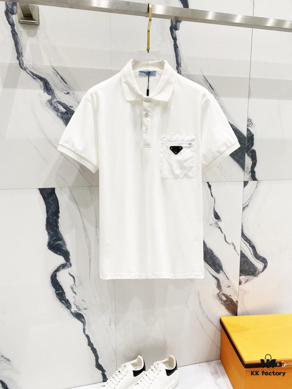 PRADA Men's Polo Shirt with Lapel, Nylon Pocket Zipper Design, Brand Triangle Logo Metal Badge, Original Quality, Full Tags Included