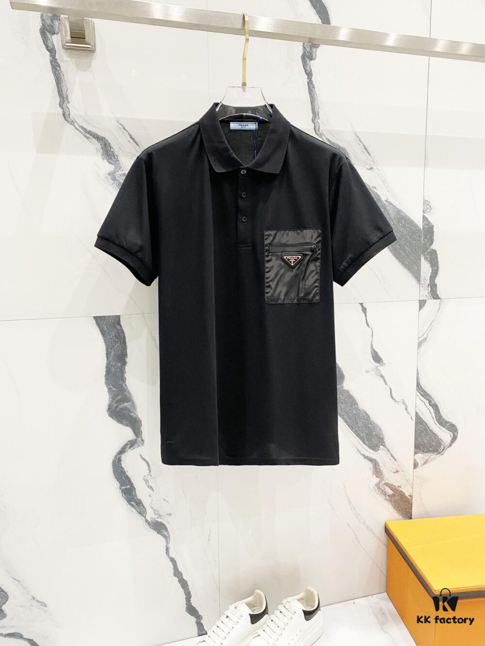 PRADA Men's Polo Shirt with Lapel, Nylon Pocket Zipper Design, Brand Triangle Logo Metal Badge