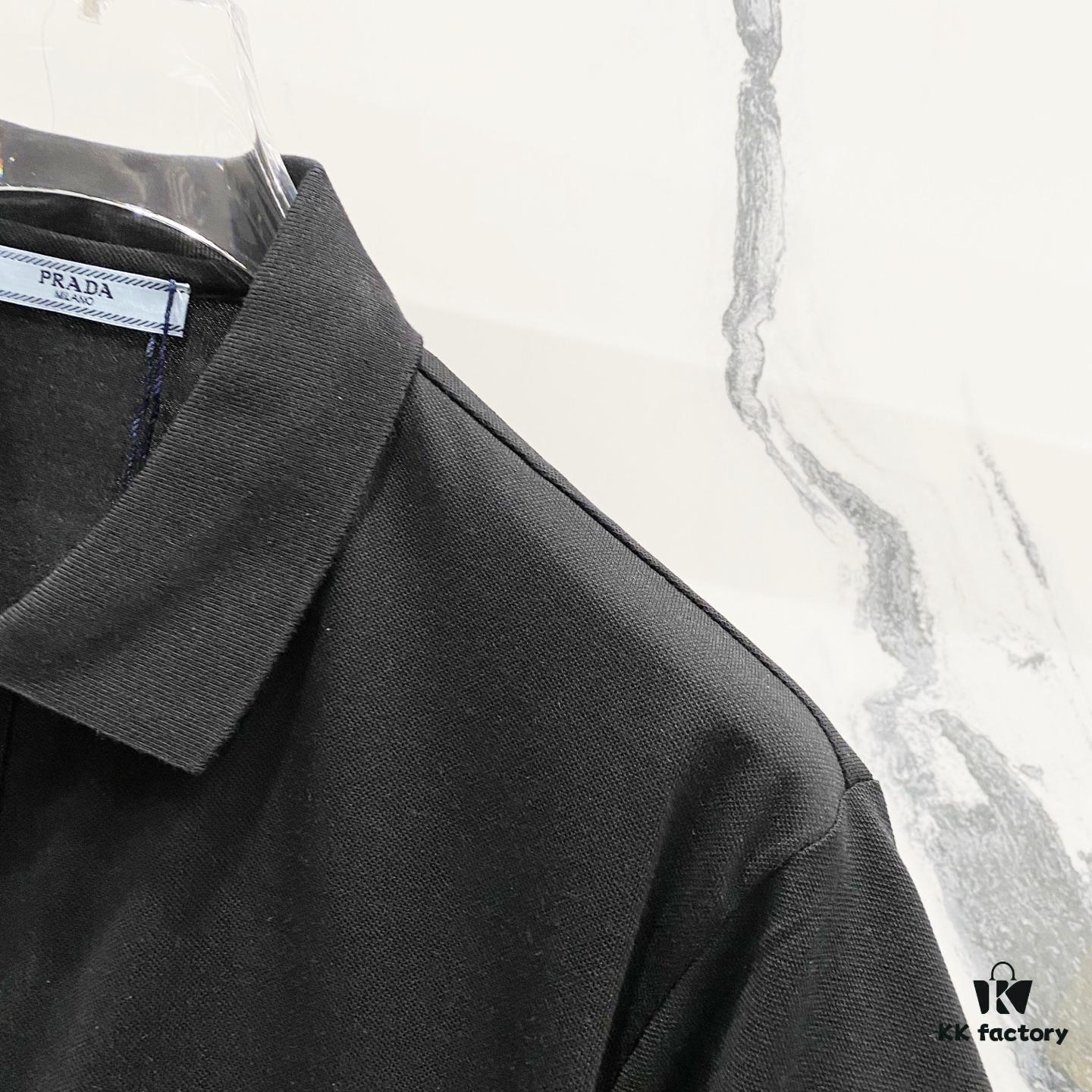 PRADA Men's Polo Shirt with Lapel, Nylon Pocket Zipper Design, Brand Triangle Logo Metal Badge