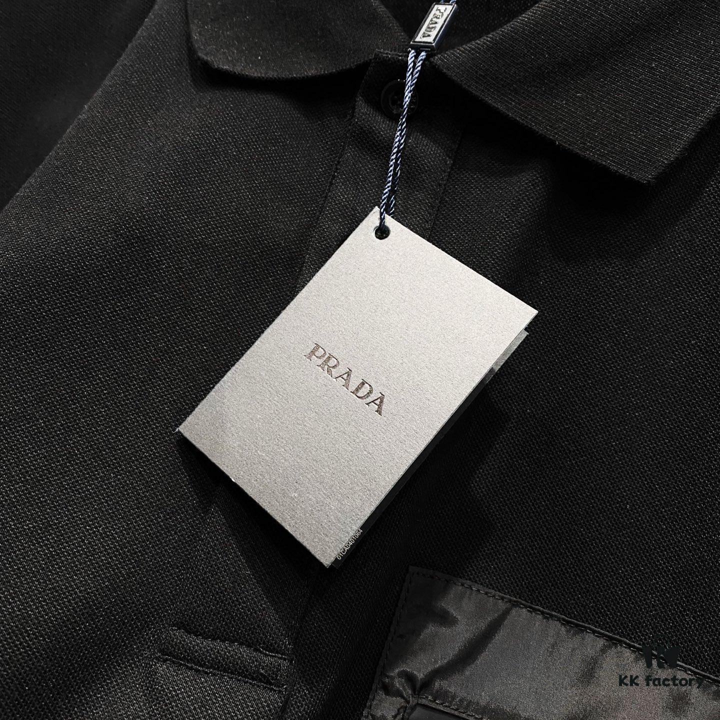 PRADA Men's Polo Shirt with Lapel, Nylon Pocket Zipper Design, Brand Triangle Logo Metal Badge