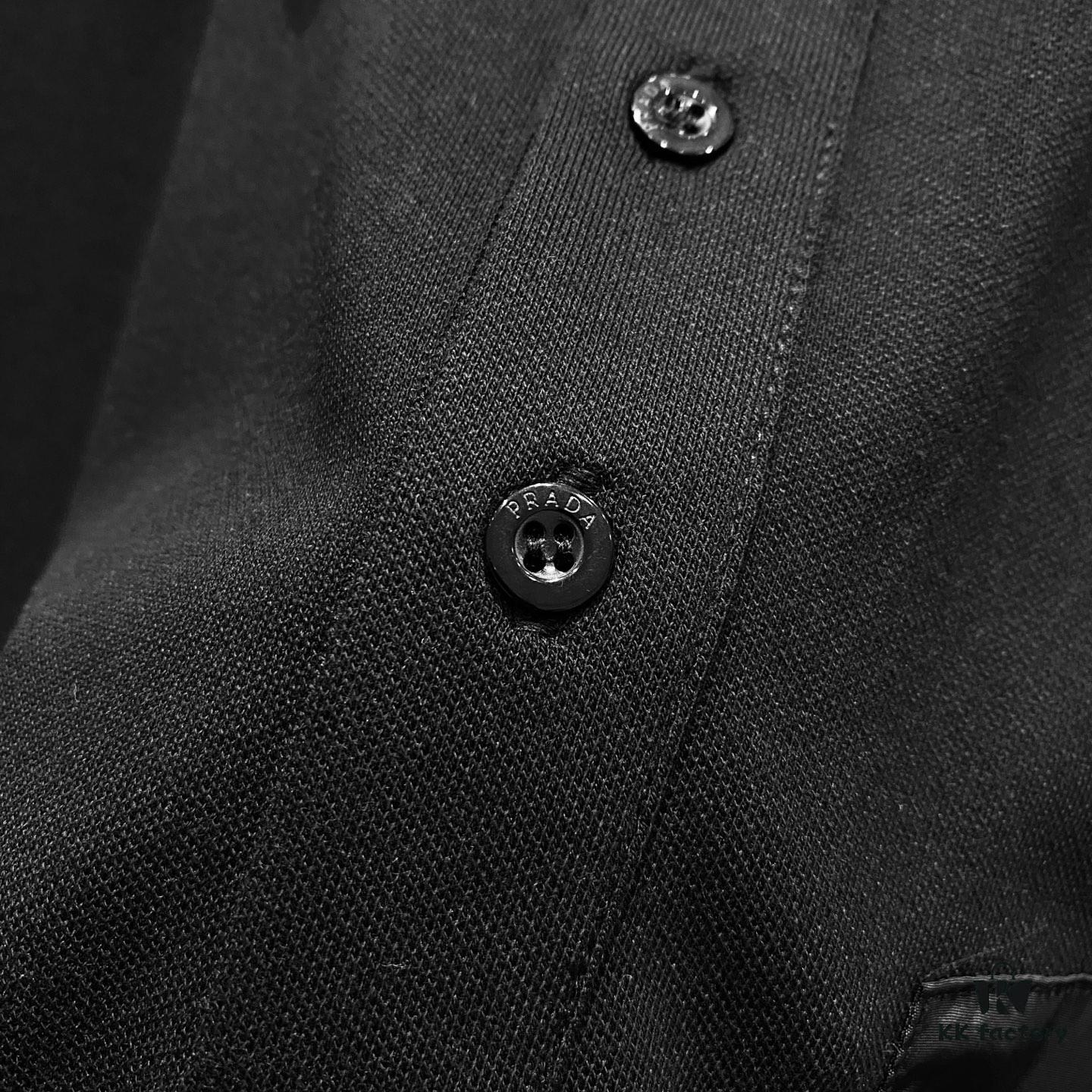 PRADA Men's Polo Shirt with Lapel, Nylon Pocket Zipper Design, Brand Triangle Logo Metal Badge